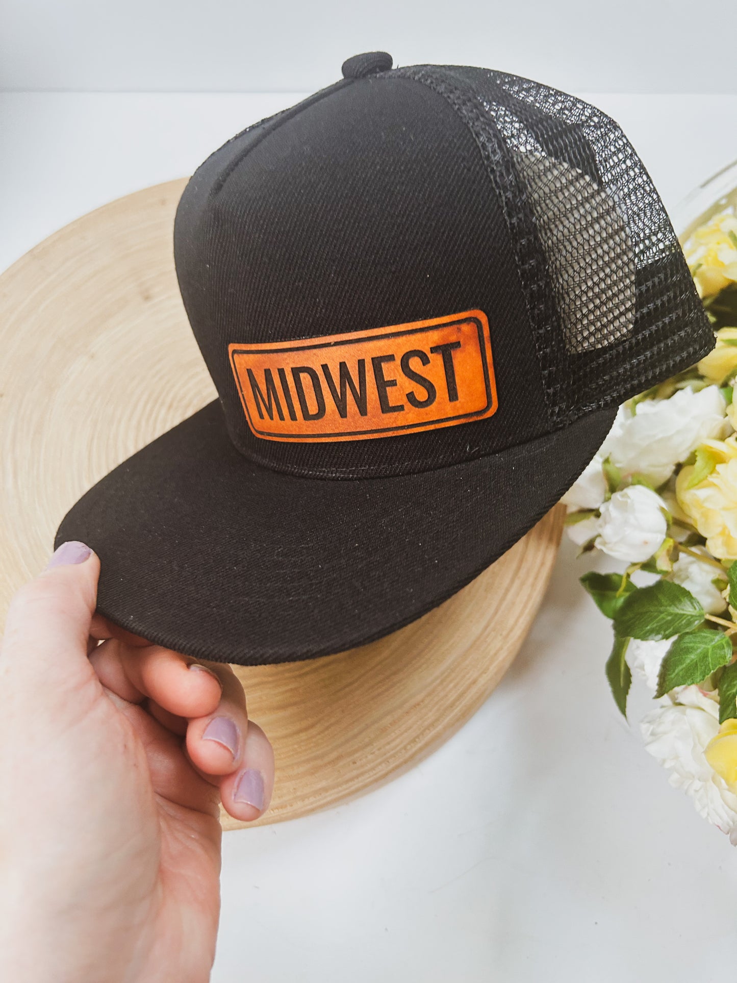 Personalized Leather Patch with Kids Name on Black Trucker Hat