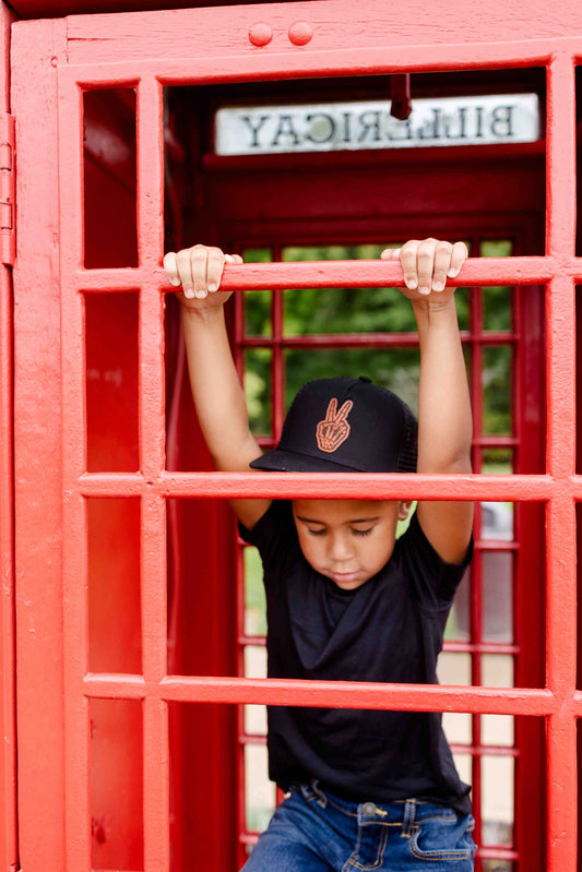 Kids Peace Skeleton Leather Patch Hat – Black Flatbill