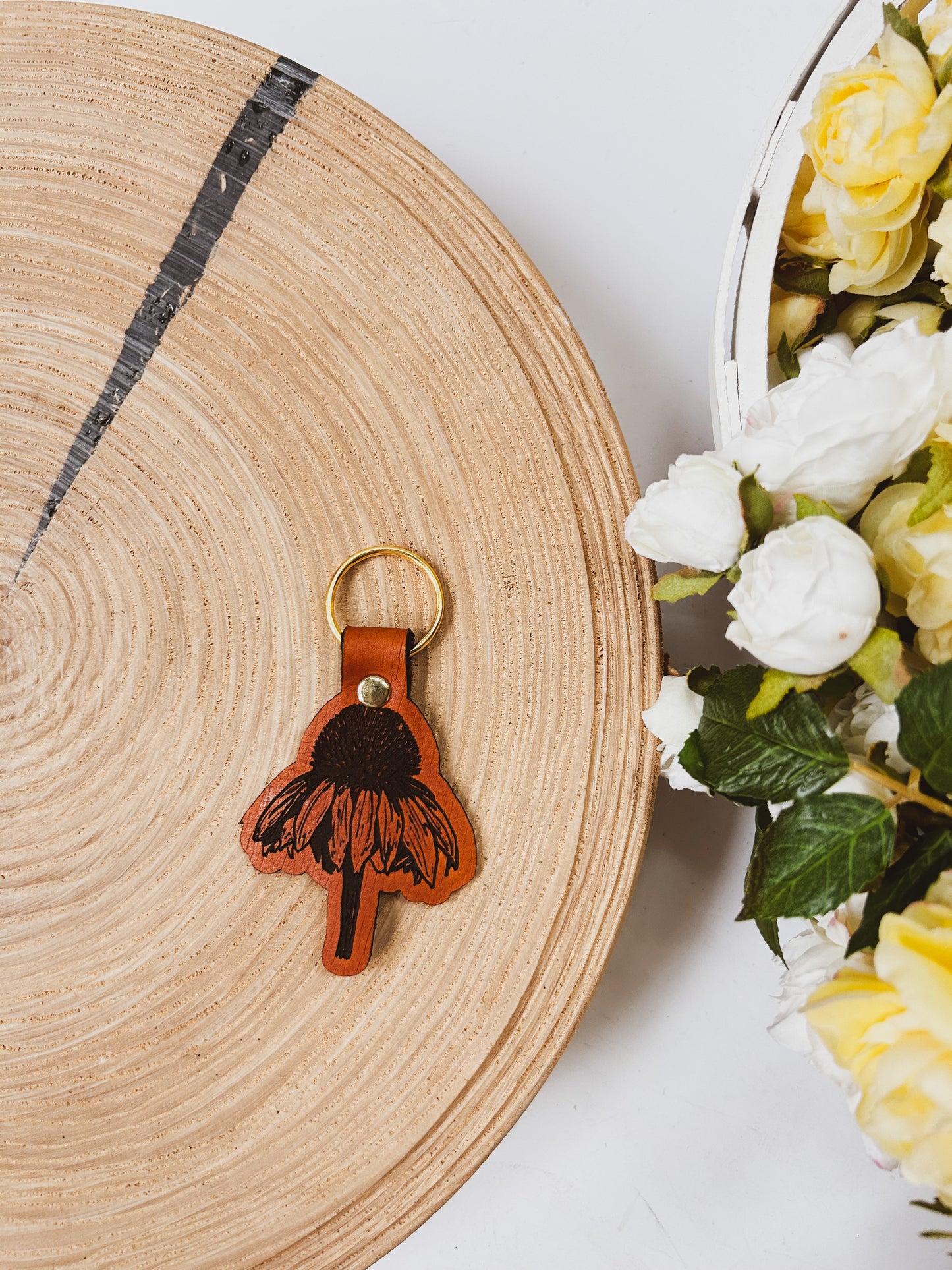 Coneflower Leather Keychain