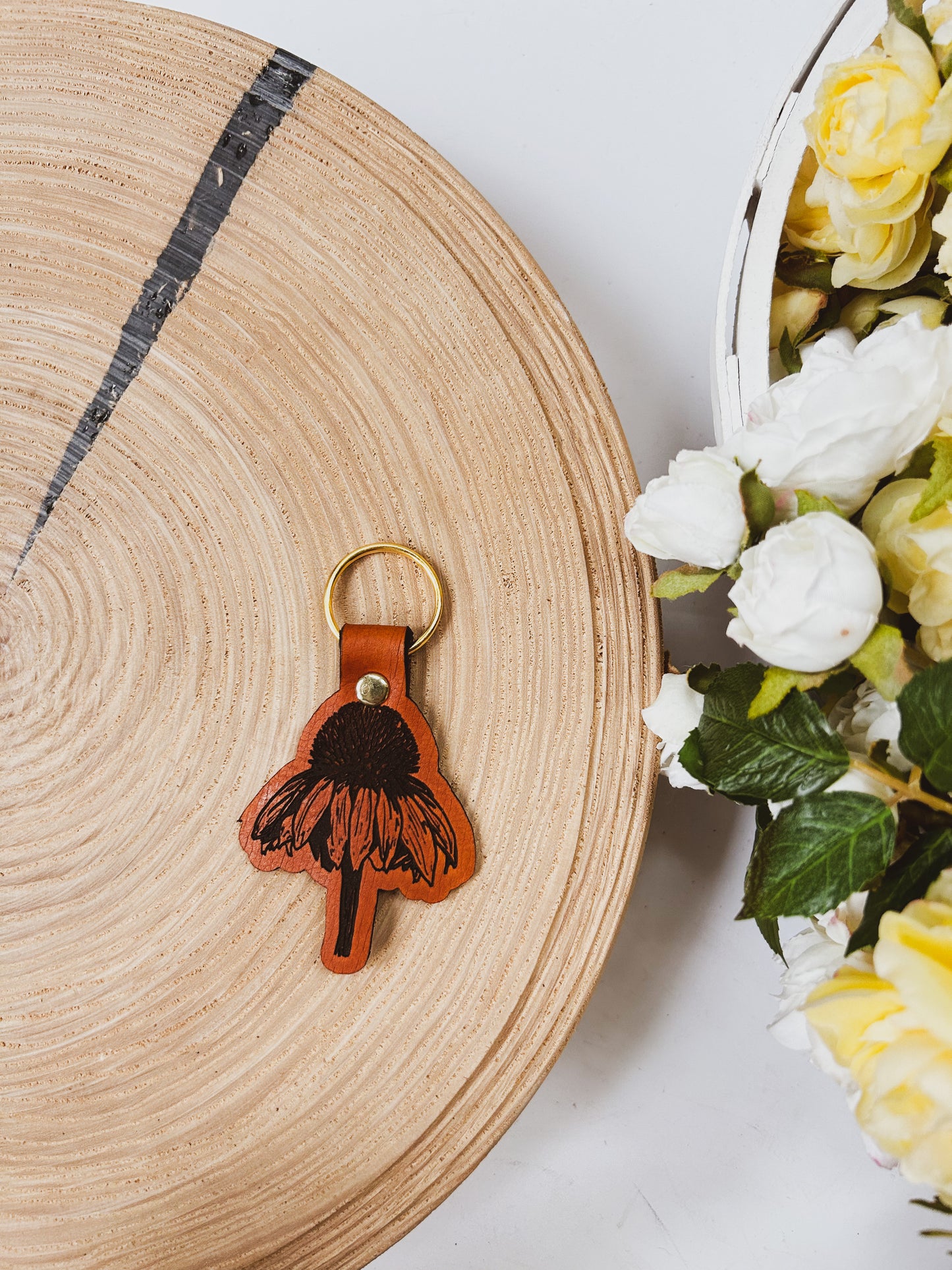 Coneflower Leather Keychain