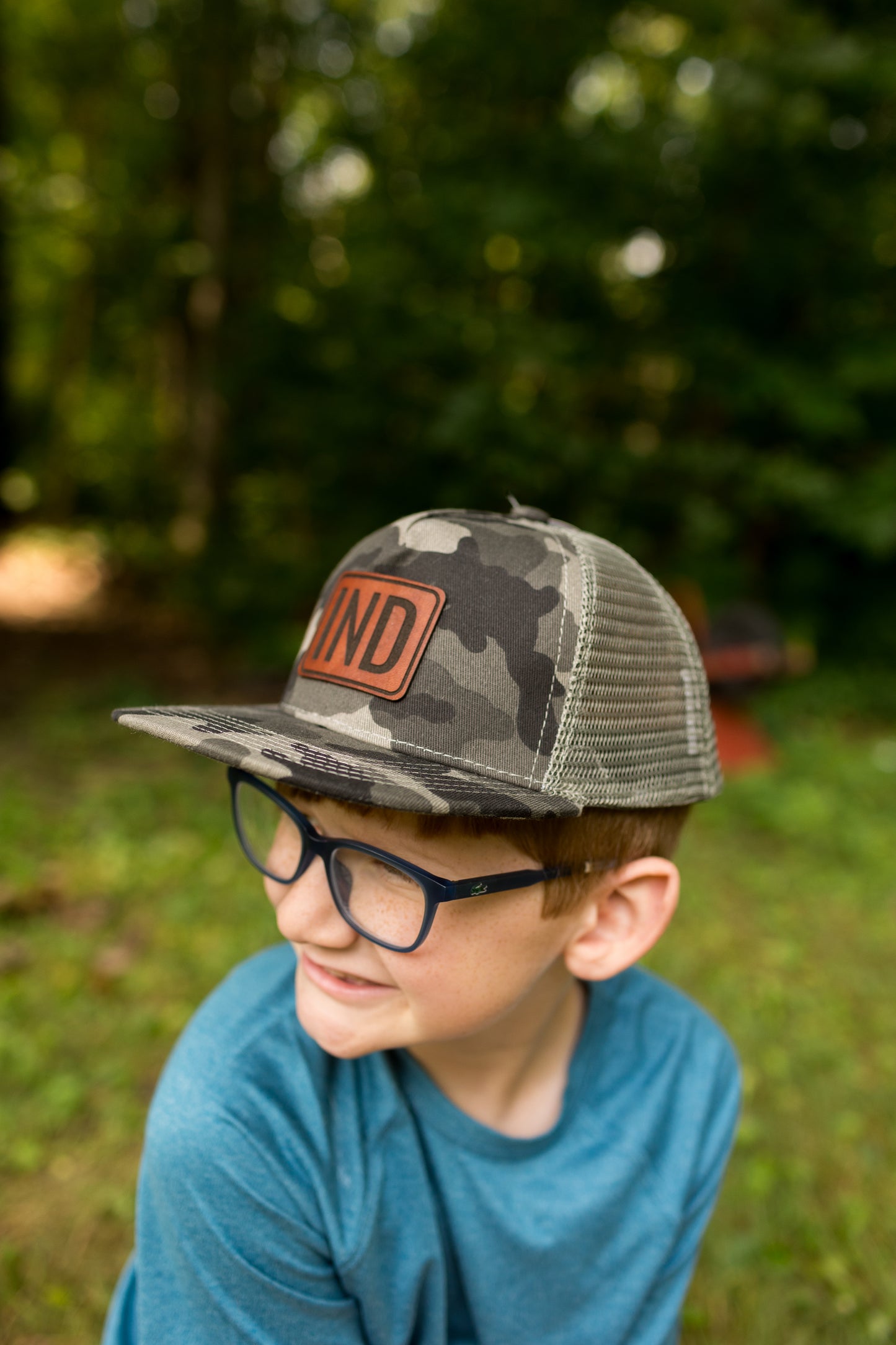 IND Leather Patch on Gray Camo Trucker - Kids