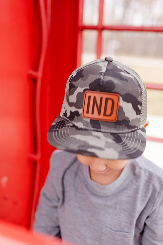 IND Leather Patch on Gray Camo Trucker - Kids