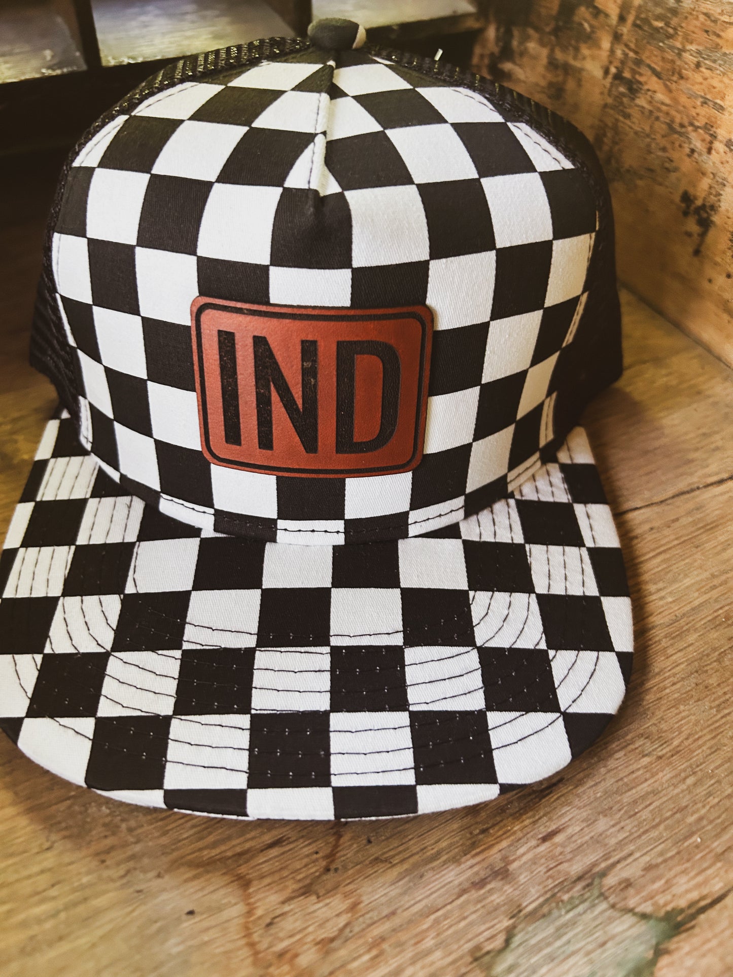 IND Rectangle Checkered Flat Bill Trucker