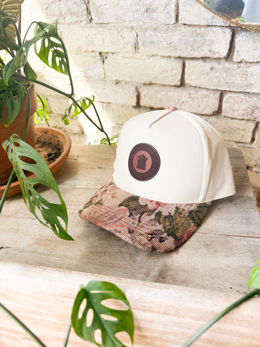 Custom Logo Hat on Cream Hat with Floral Bill