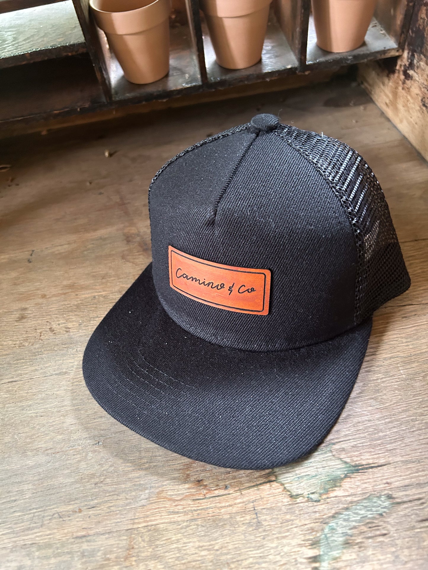 Custom Logo Leather Patch Hat - Flat Bill Trucker - Adult