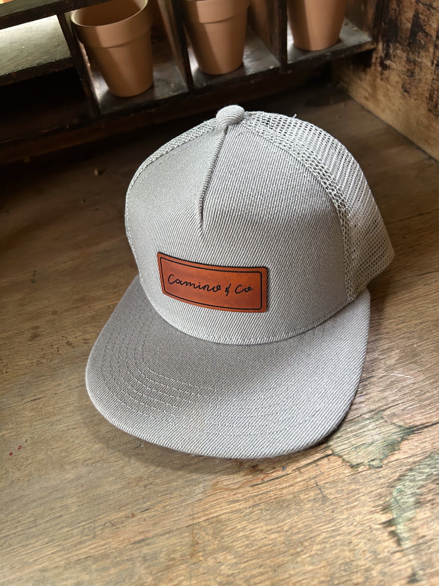 Custom Logo Leather Patch Hat - Flat Bill Trucker - Adult