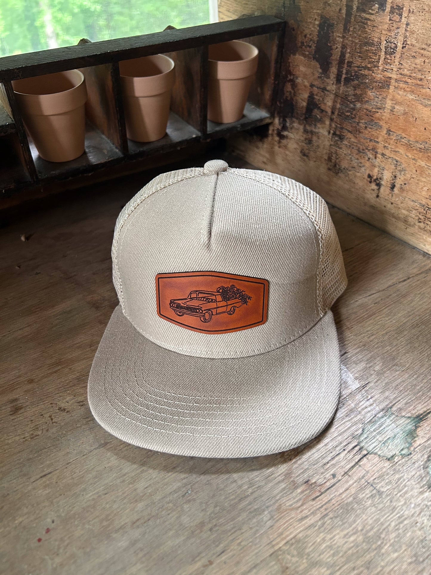 Custom Logo Leather Patch Hat - Flat Bill Trucker - Adult