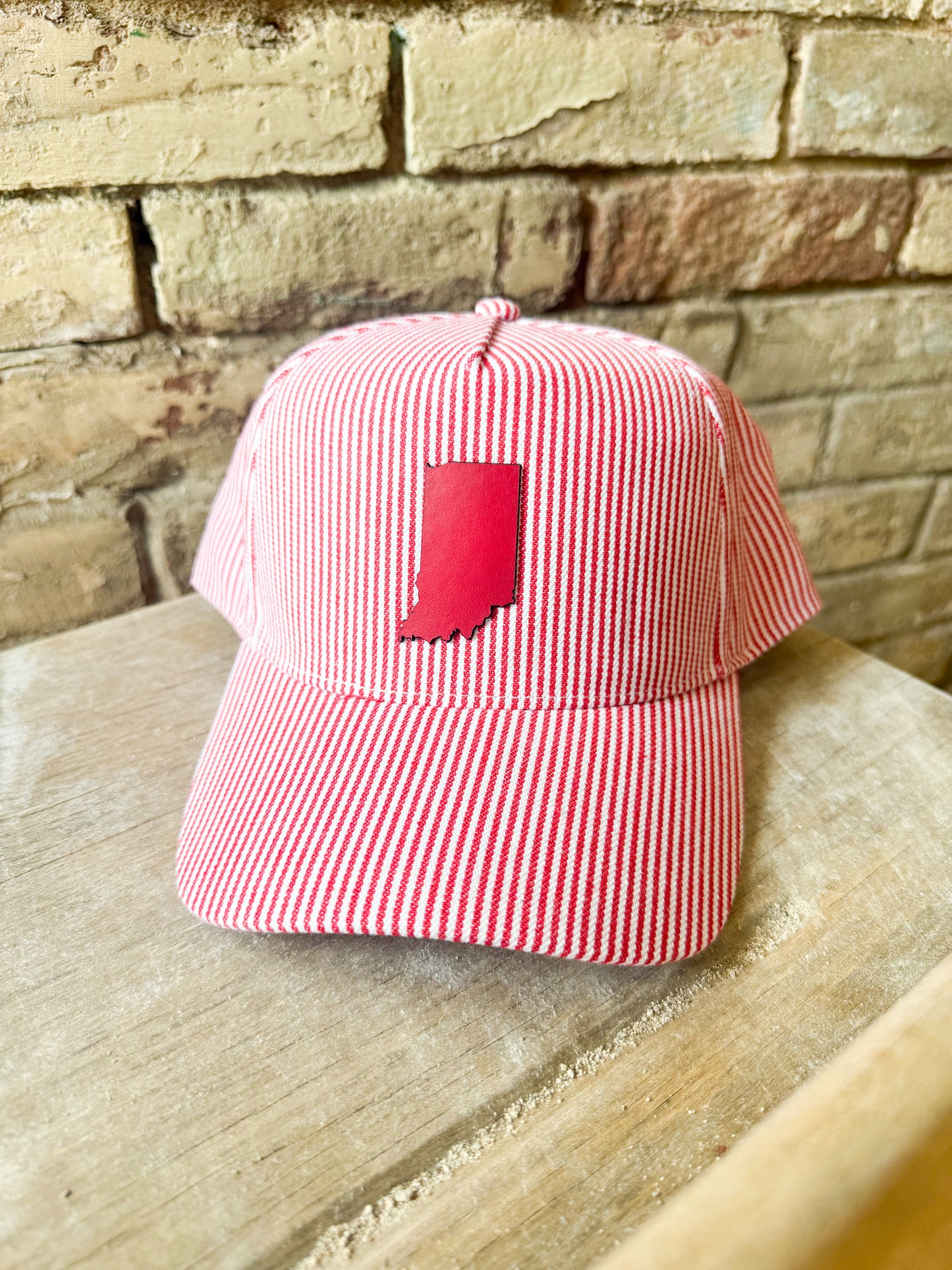 Pin Stripe Red Indiana Leather Patch Hat