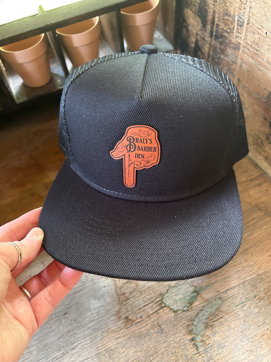 Custom Logo Leather Patch Hat - Flat Bill Trucker - Adult