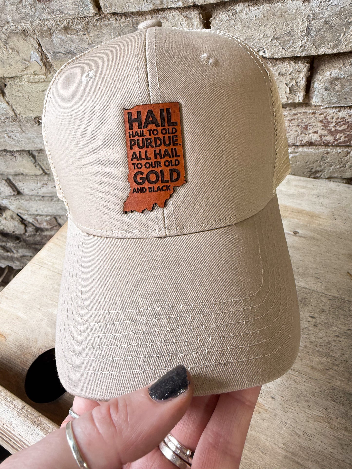 Purdue - Hail Purdue Indiana Leather Patch on Kahki Hat