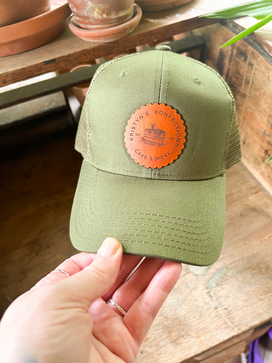 Custom Logo Leather Patch on Baseball Trucker - Adult