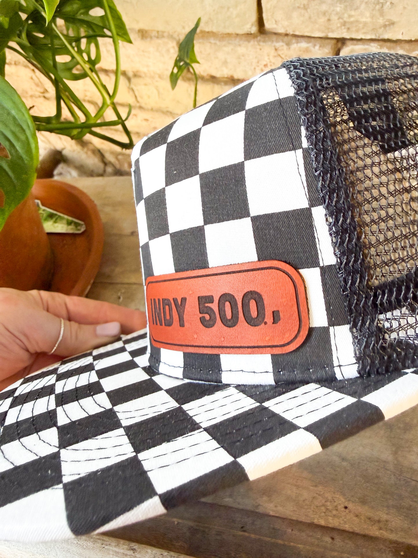 Indy 500 Rectangle Leather Patch Hat – Checkered Flatbill