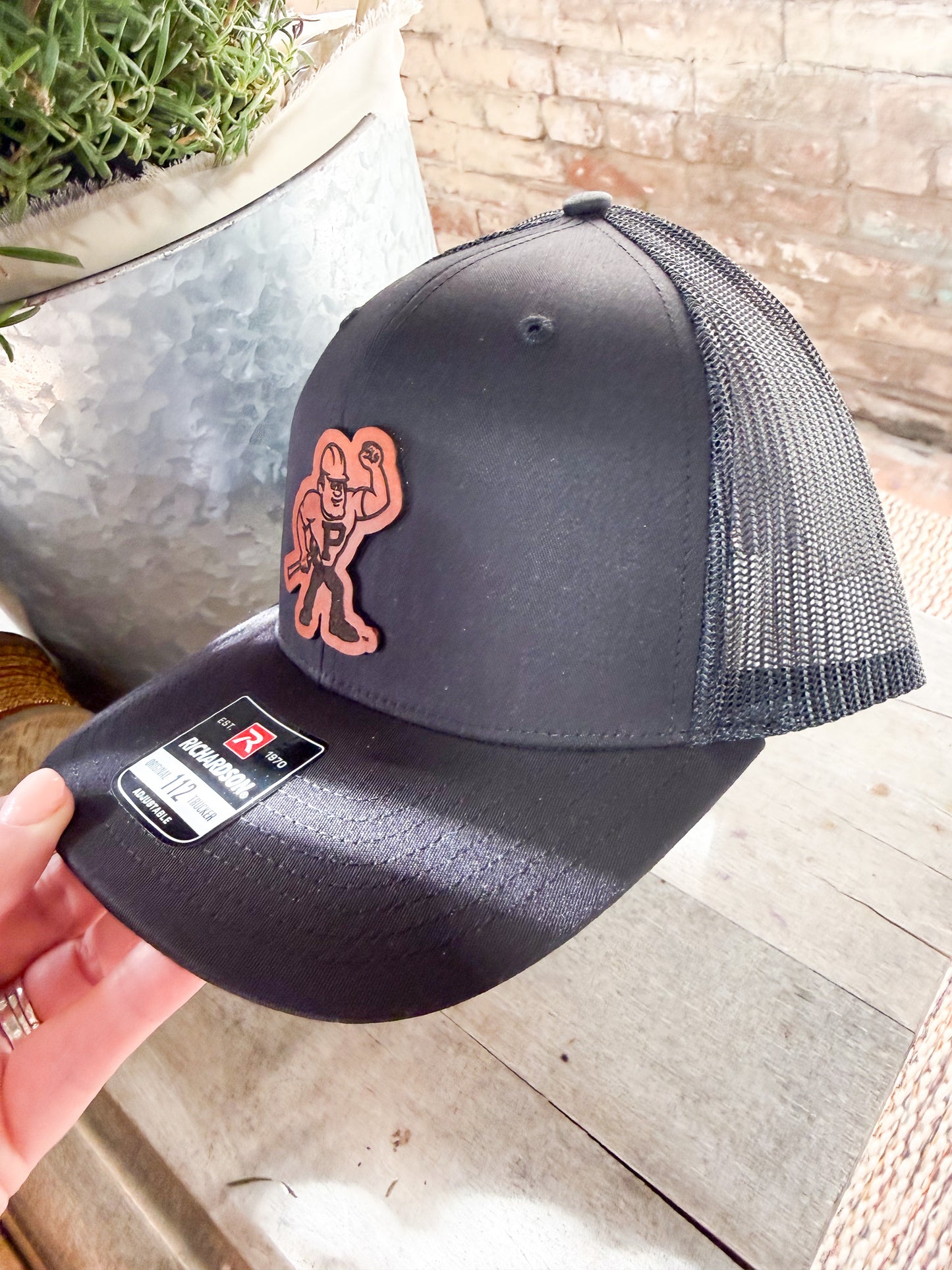 Purdue Pete Leather Patch Hat on Richardson 112