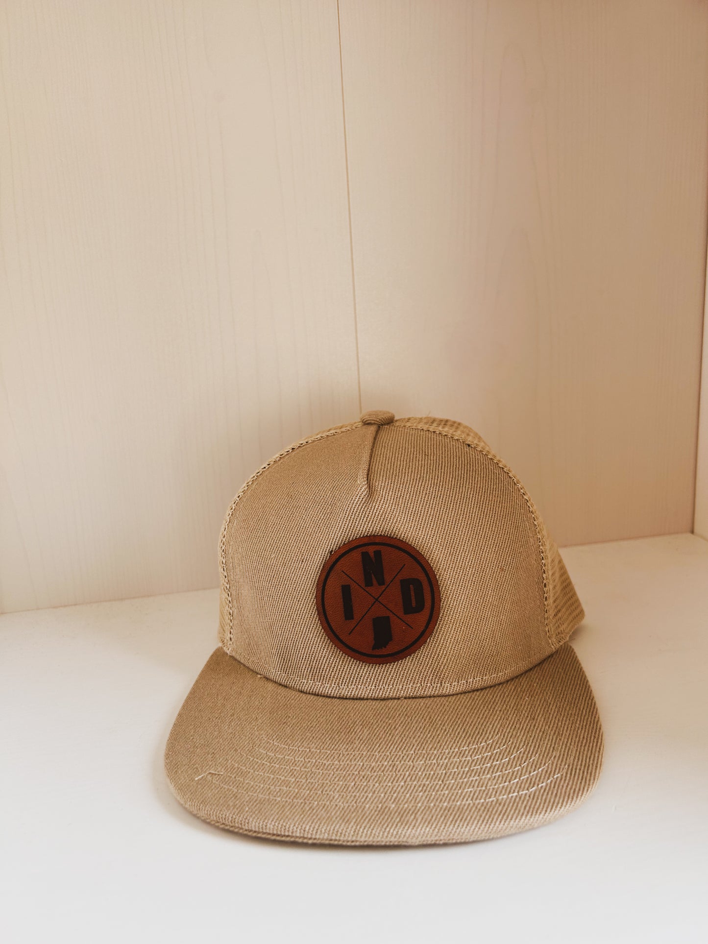 Circle IND Leather Patch on Khaki Trucker Hat - Kids