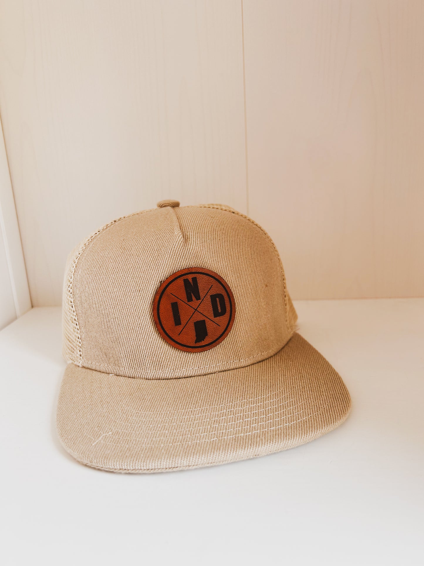 Circle IND Leather Patch on Khaki Trucker Hat - Kids
