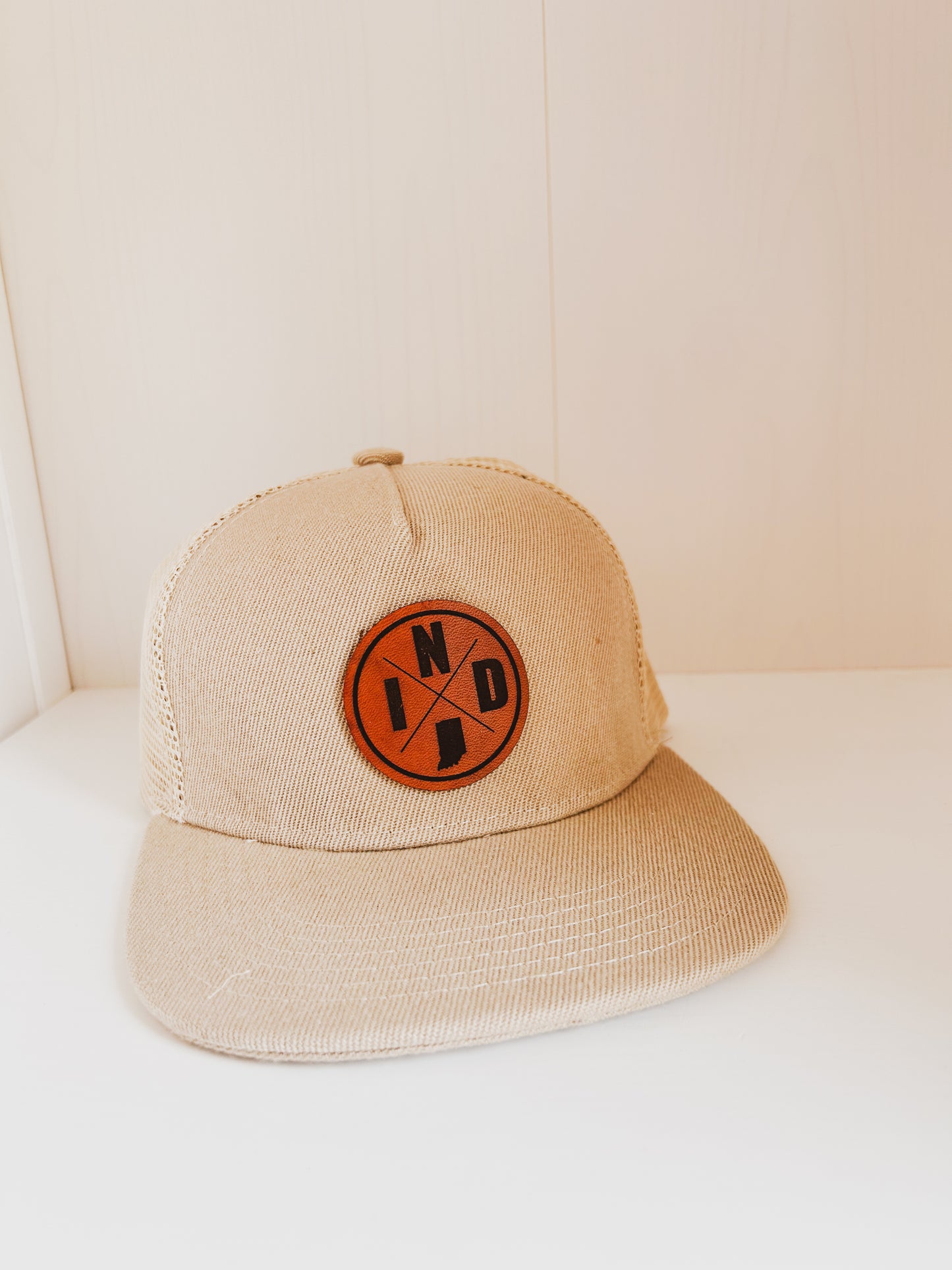 Custom Logo Leather Patch Hat - Flat Bill Trucker - Adult