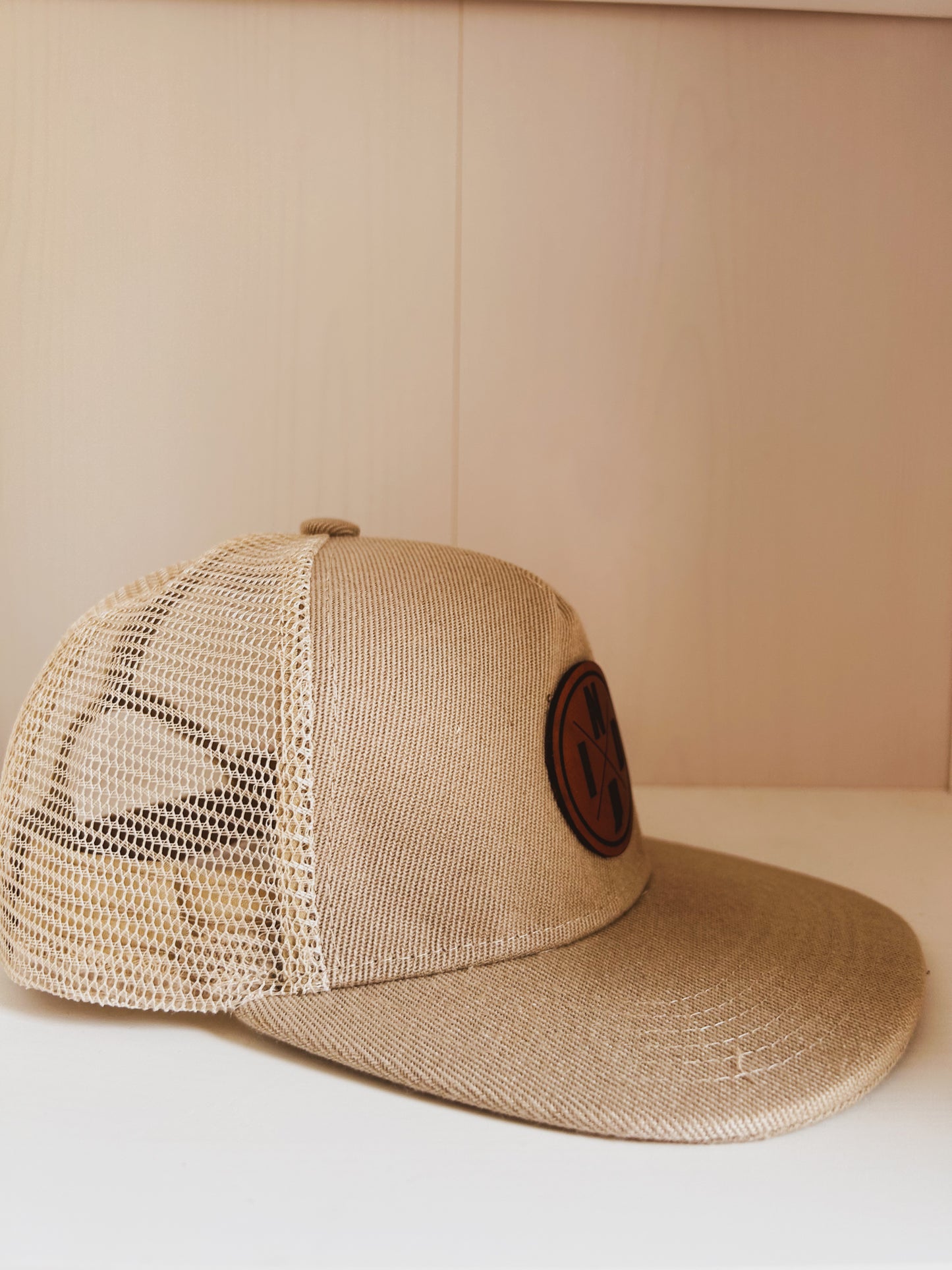 Circle IND Leather Patch on Khaki Trucker Hat - Kids
