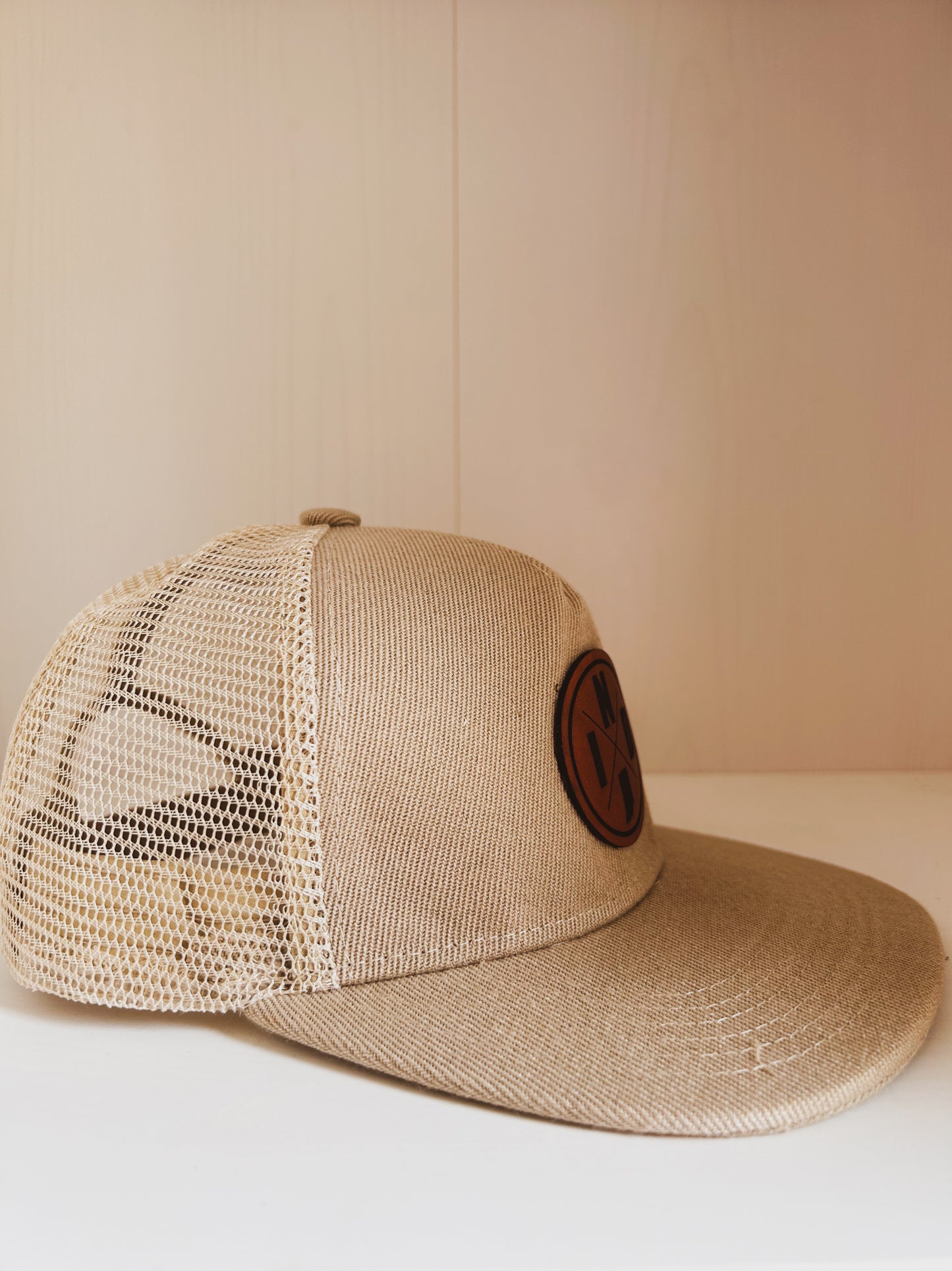 Circle IND Leather Patch on Khaki Trucker Hat - Kids
