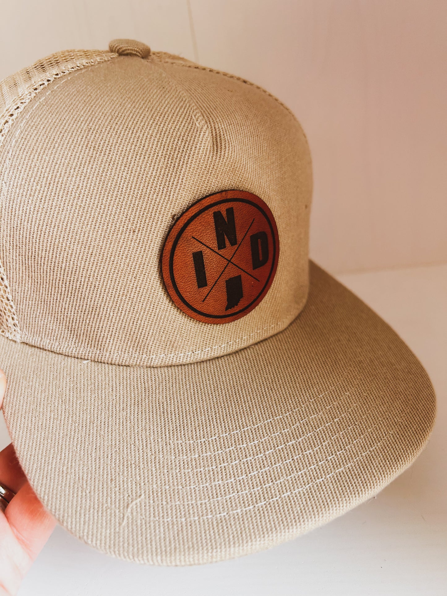 Circle IND Leather Patch on Khaki Trucker Hat - Kids