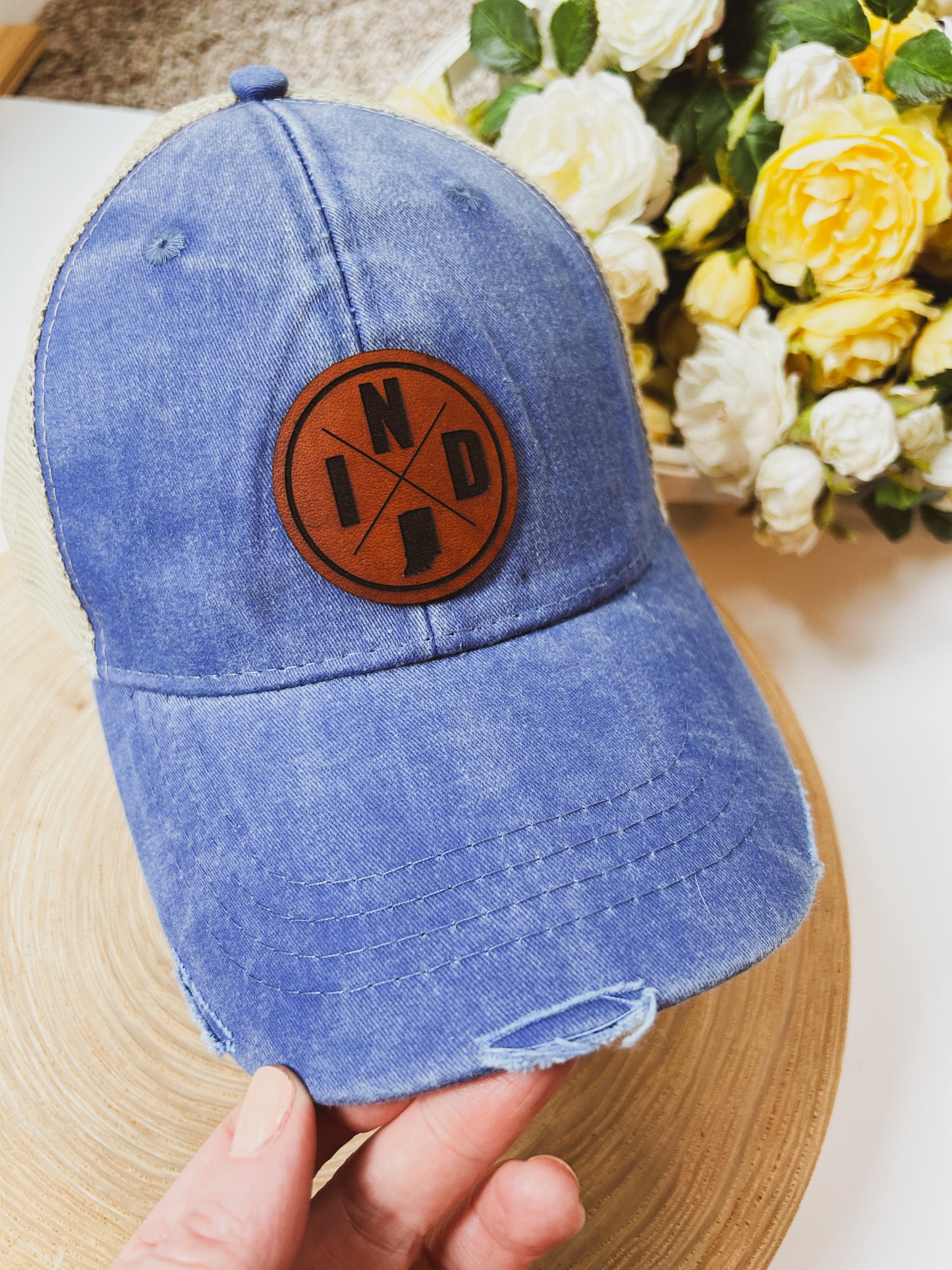 Circle IND Leather Patch on Distressed Blue Baseball Hat - Snap Closure