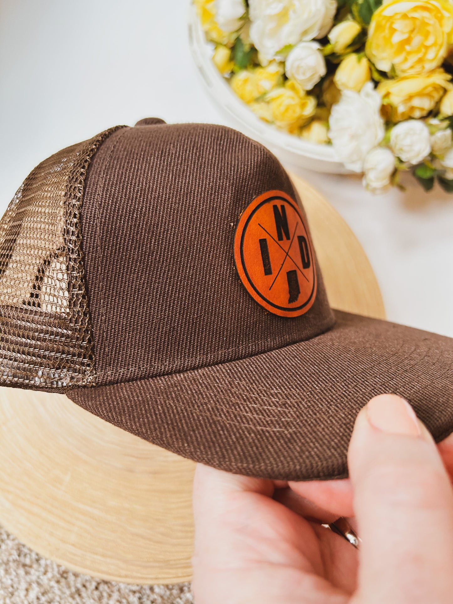 Infant Circle IND Leather Patch on Brown Trucker Hat
