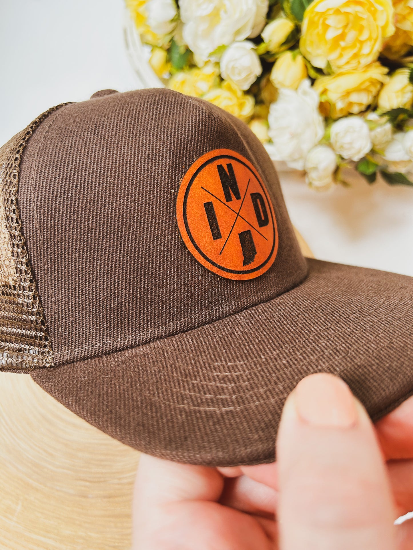 Infant Circle IND Leather Patch on Brown Trucker Hat