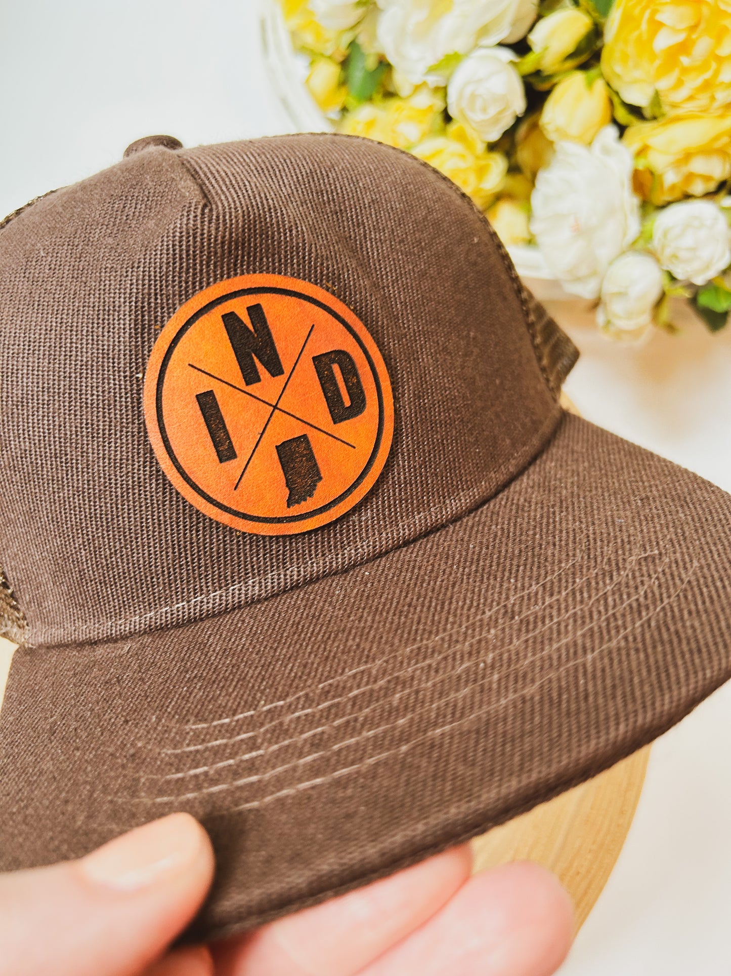 Infant Circle IND Leather Patch on Brown Trucker Hat