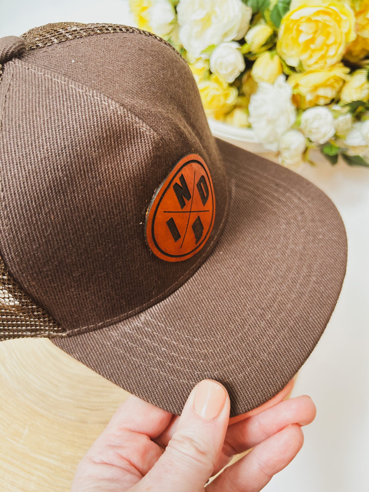 Infant Circle IND Leather Patch on Brown Trucker Hat