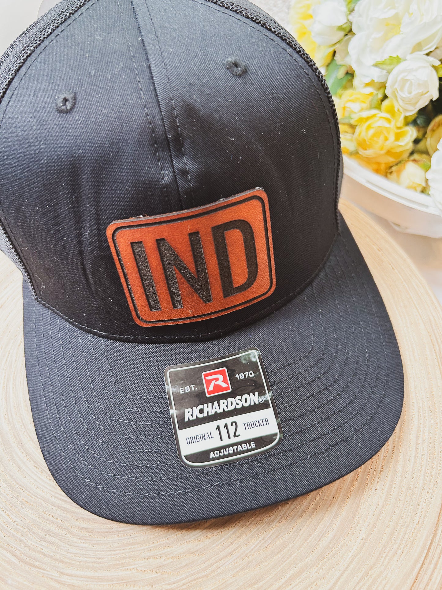Rectangle IND Leather Patch on Black Richardson 112 Hat - Snap Closure
