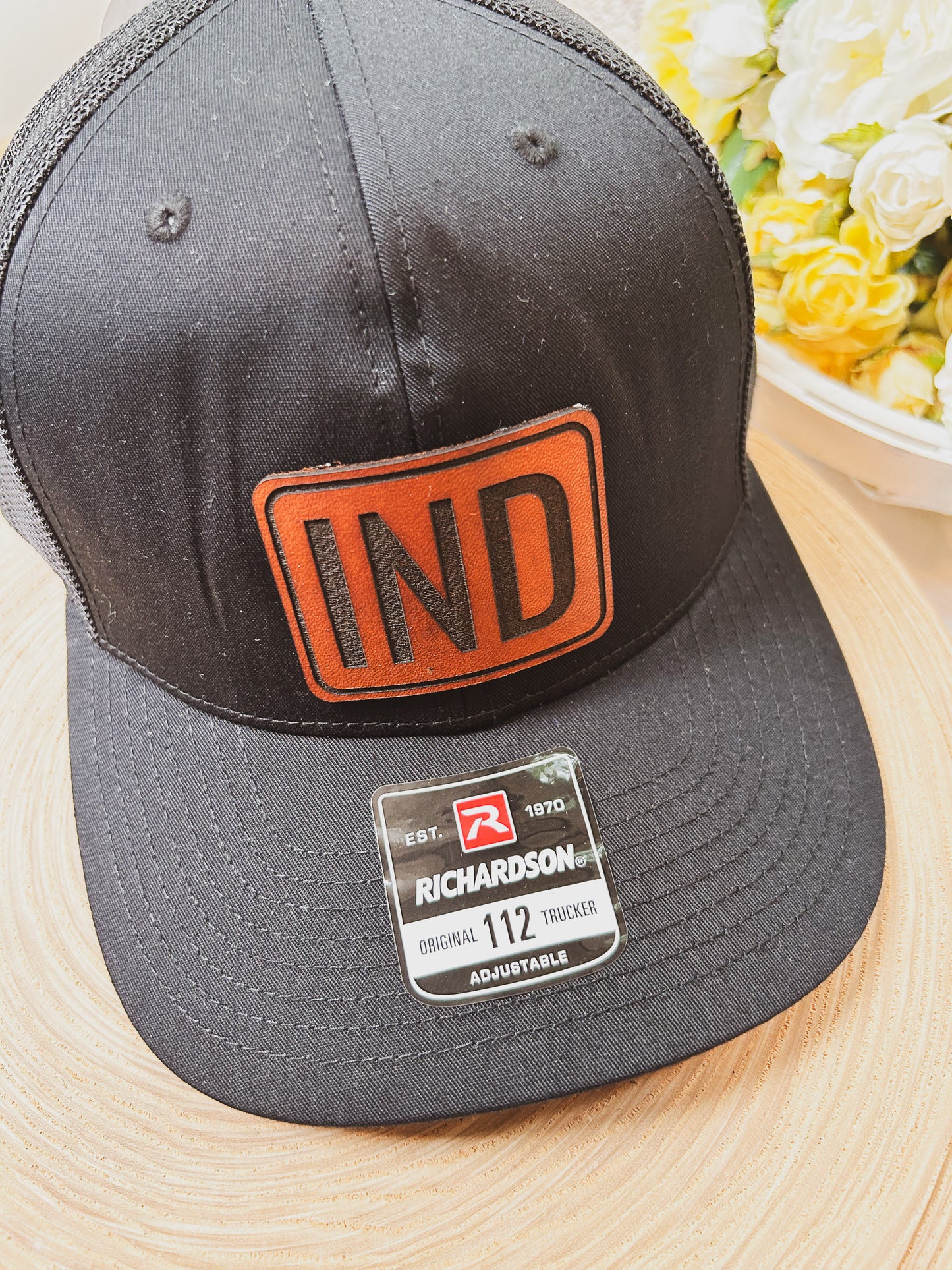Rectangle IND Leather Patch on Black Richardson 112 Hat - Snap Closure