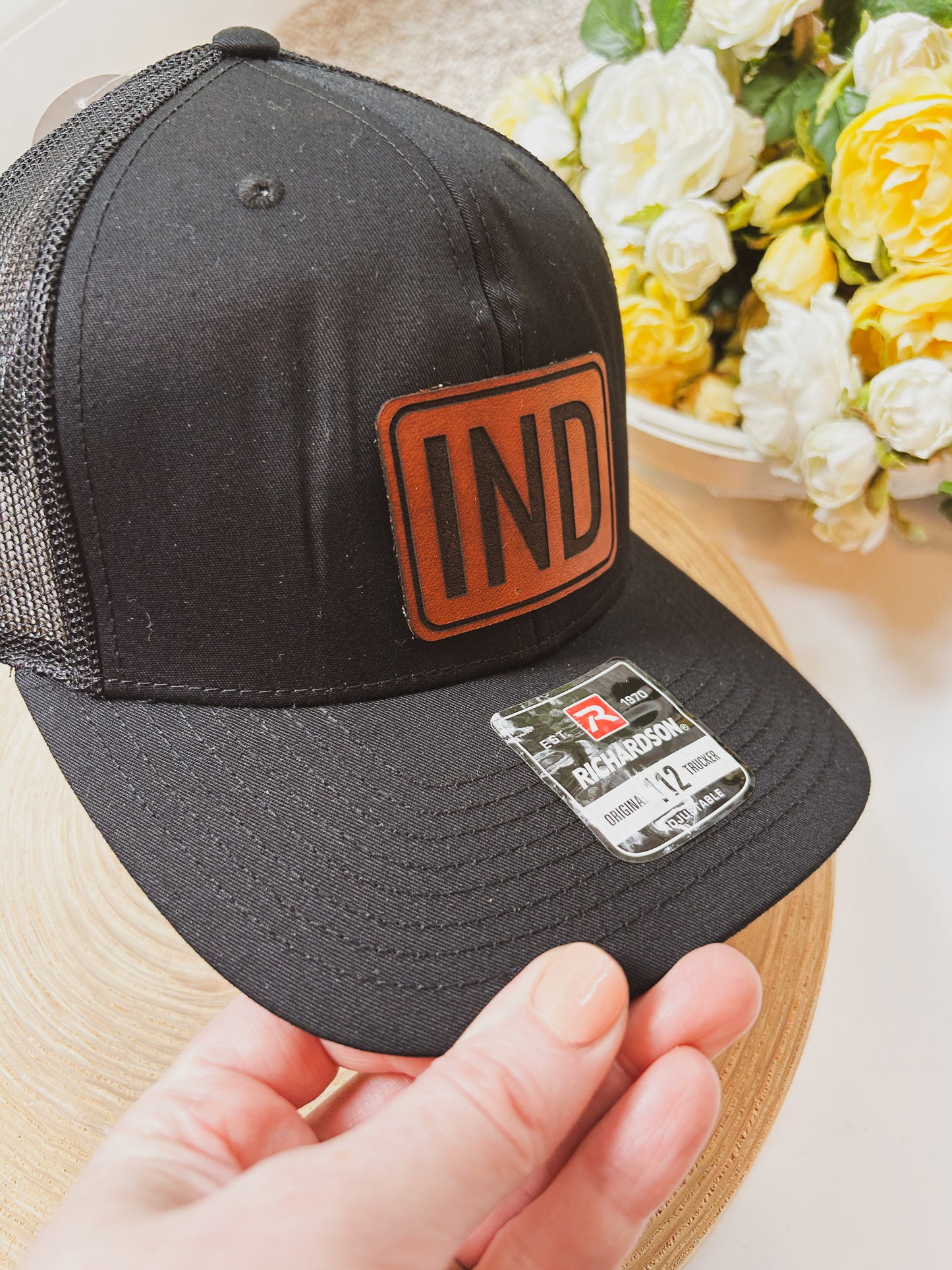 Rectangle IND Leather Patch on Black Richardson 112 Hat - Snap Closure