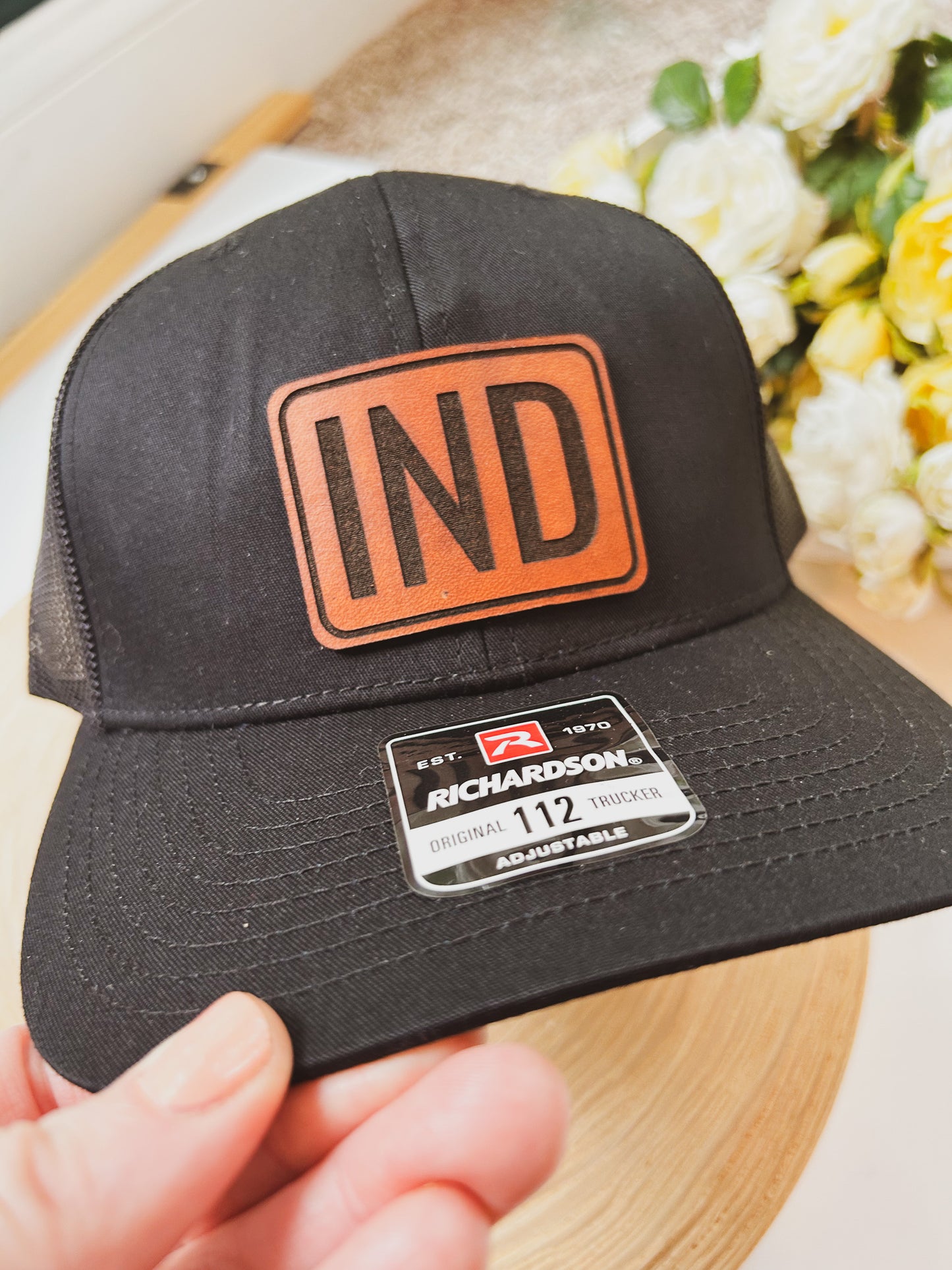 Rectangle IND Leather Patch on Black Richardson 112 Hat - Snap Closure