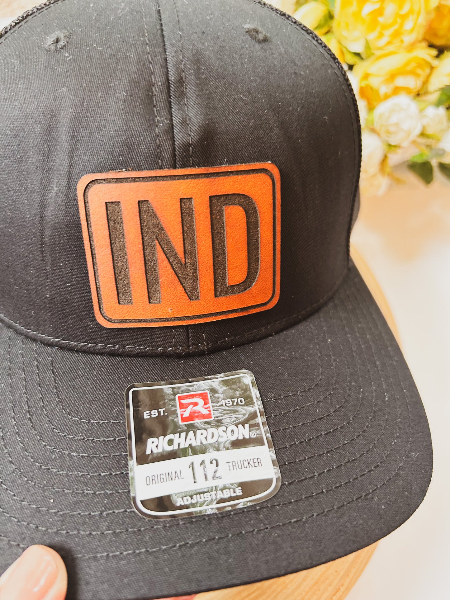 Rectangle IND Leather Patch on Black Richardson 112 Hat - Snap Closure