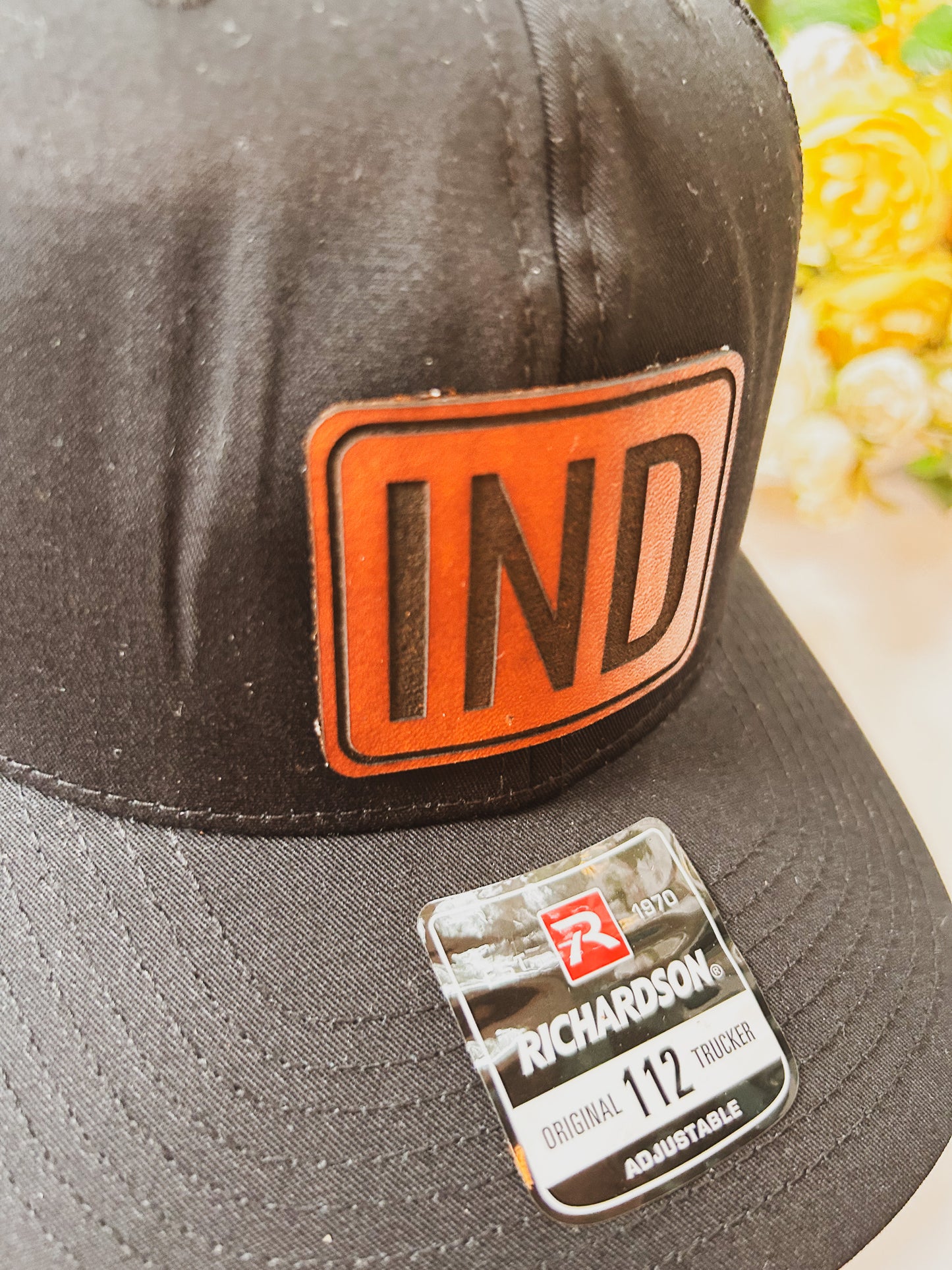 Rectangle IND Leather Patch on Black Richardson 112 Hat - Snap Closure