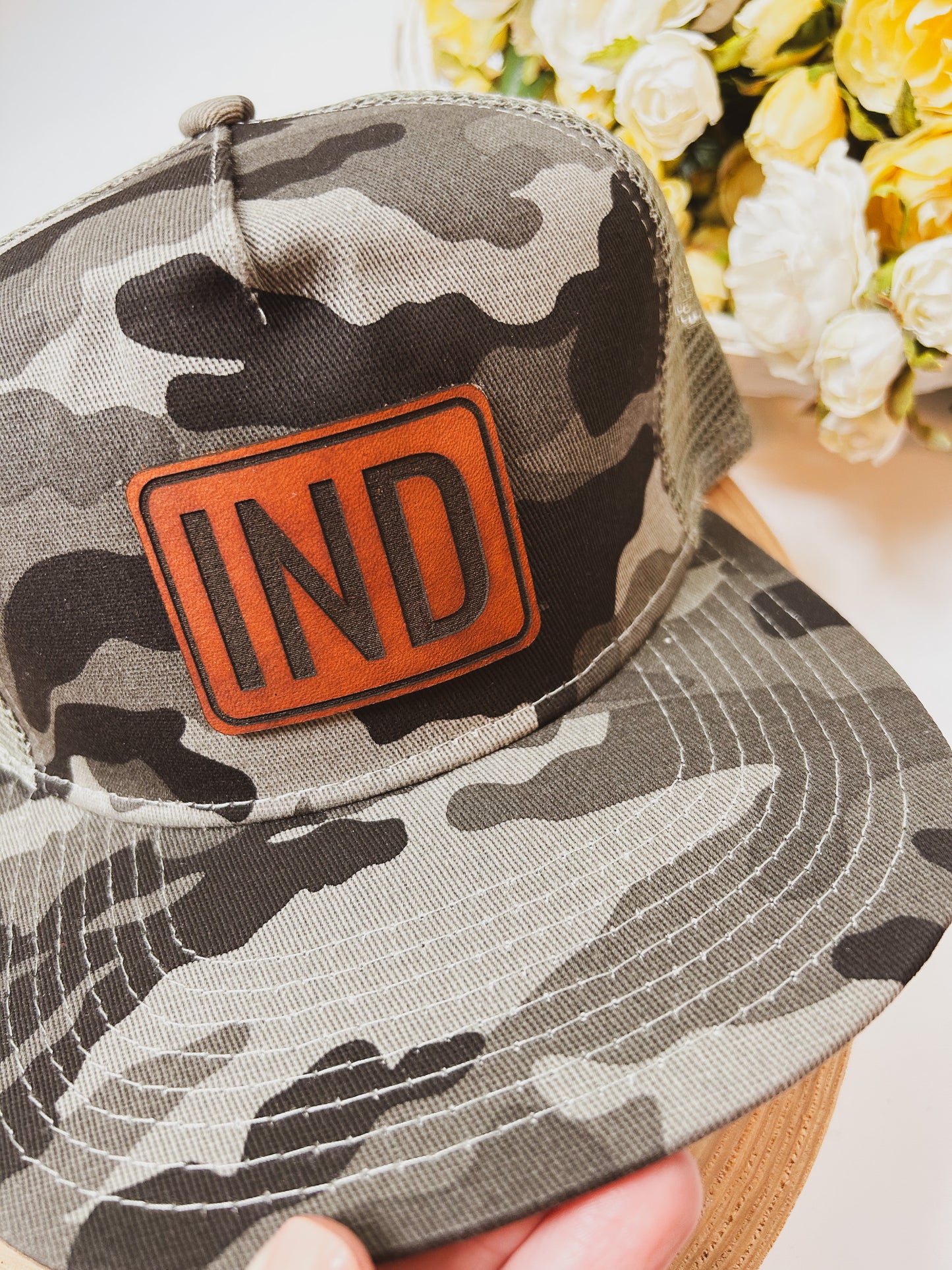 IND Rectangle Leather Patch on Gray Camo Trucker Hat - Adult