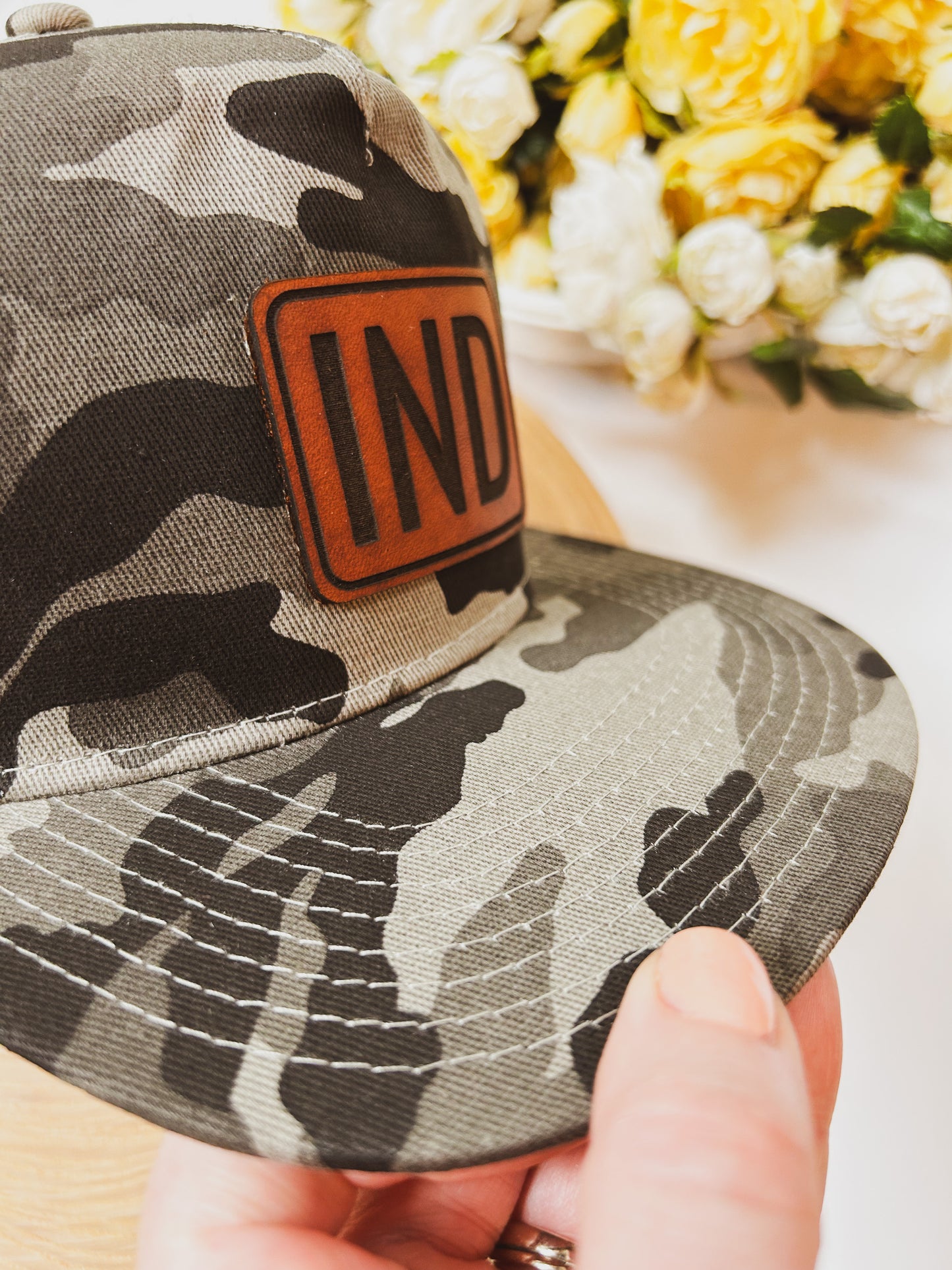 IND Rectangle Leather Patch on Gray Camo Trucker Hat - Adult