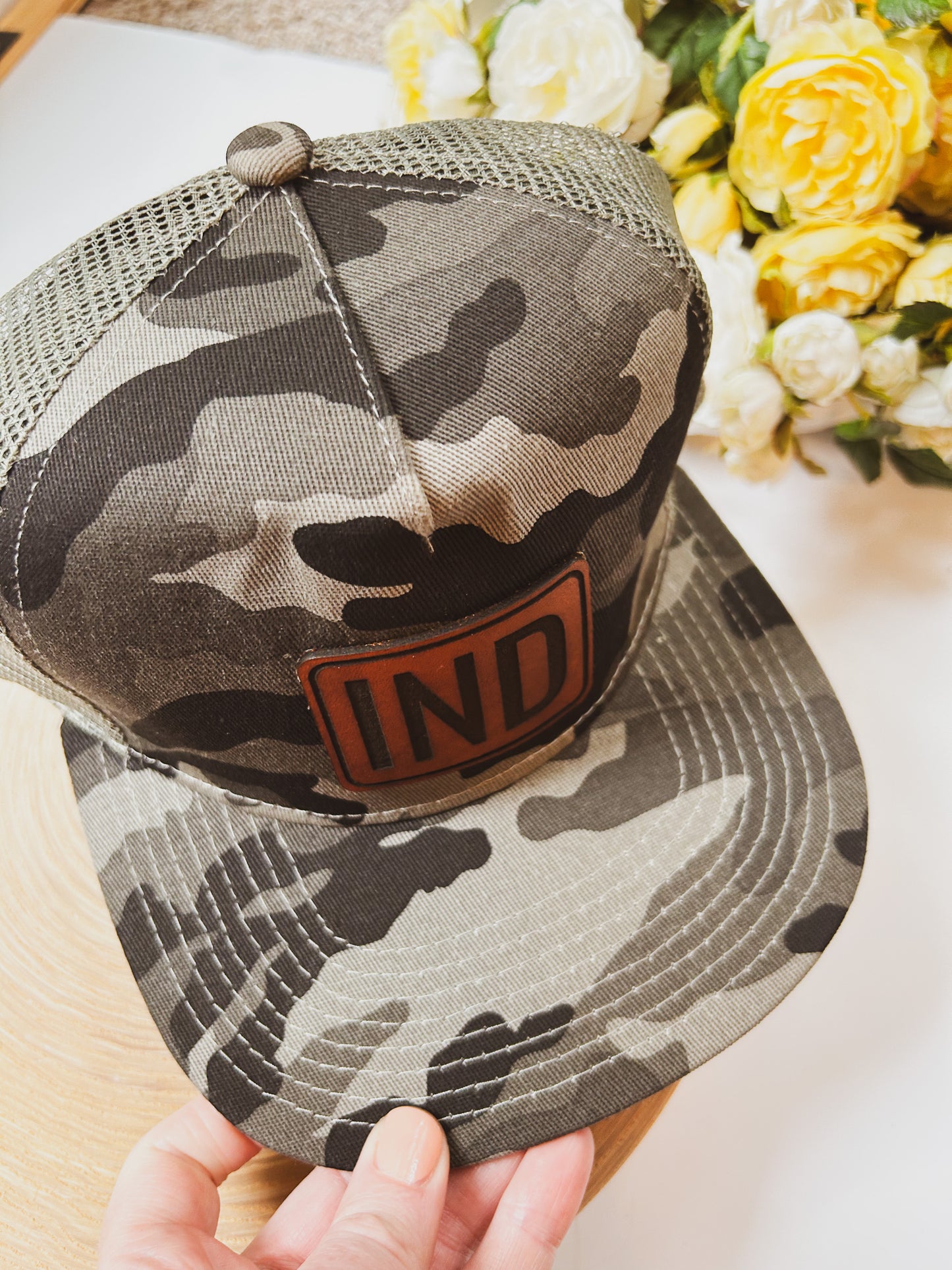 IND Rectangle Leather Patch on Gray Camo Trucker Hat - Adult