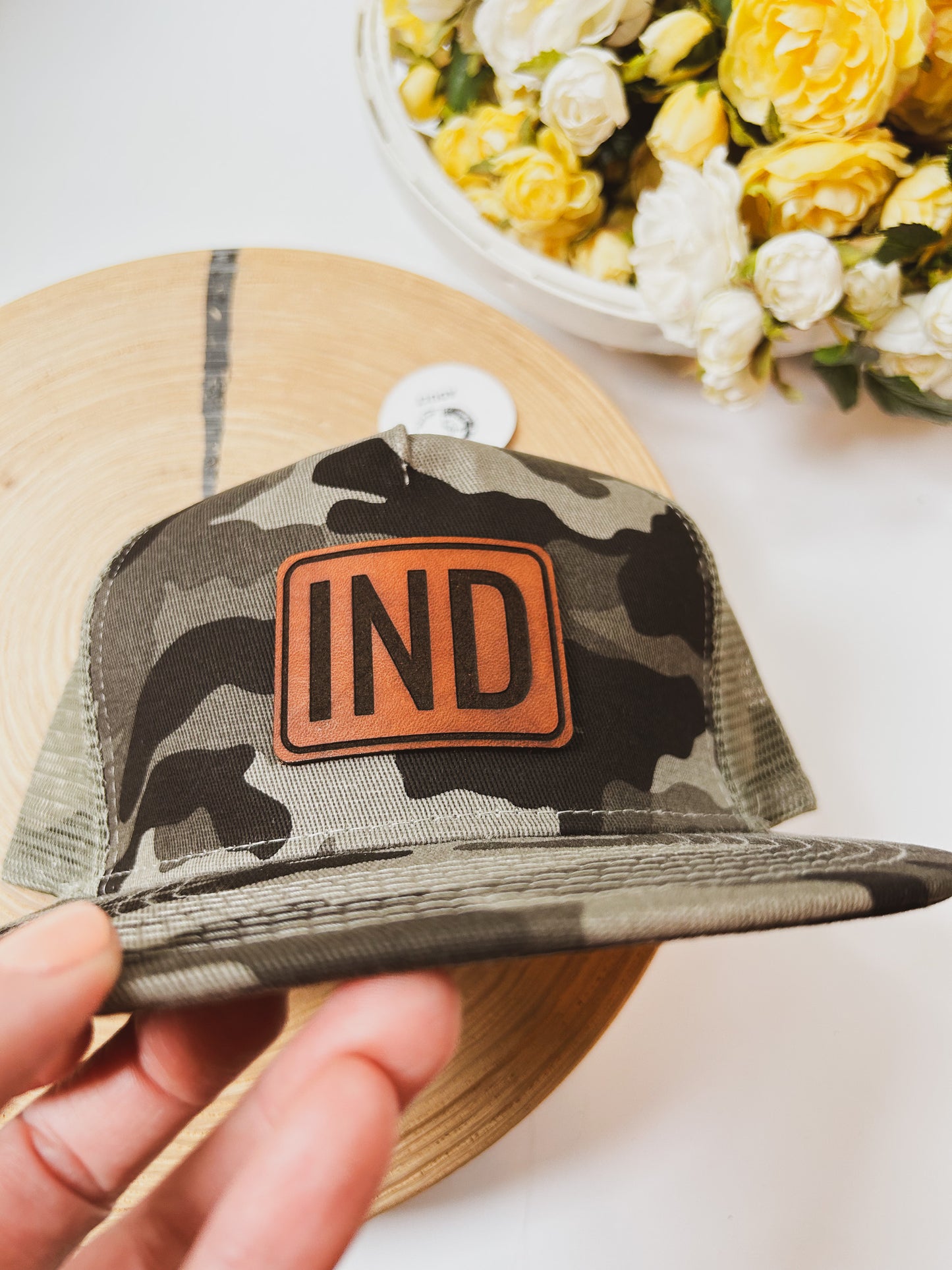IND Rectangle Leather Patch on Gray Camo Trucker Hat - Adult