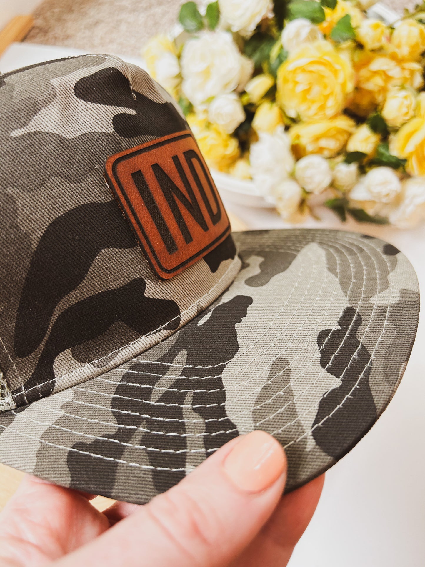 IND Rectangle Leather Patch on Gray Camo Trucker Hat - Adult