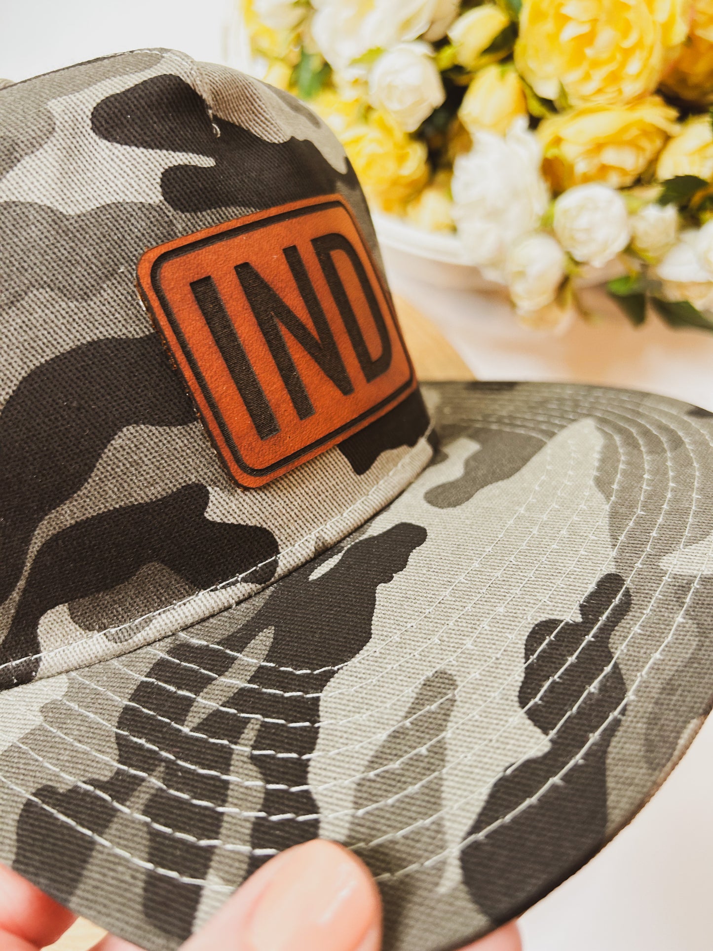 IND Rectangle Leather Patch on Gray Camo Trucker Hat - Adult