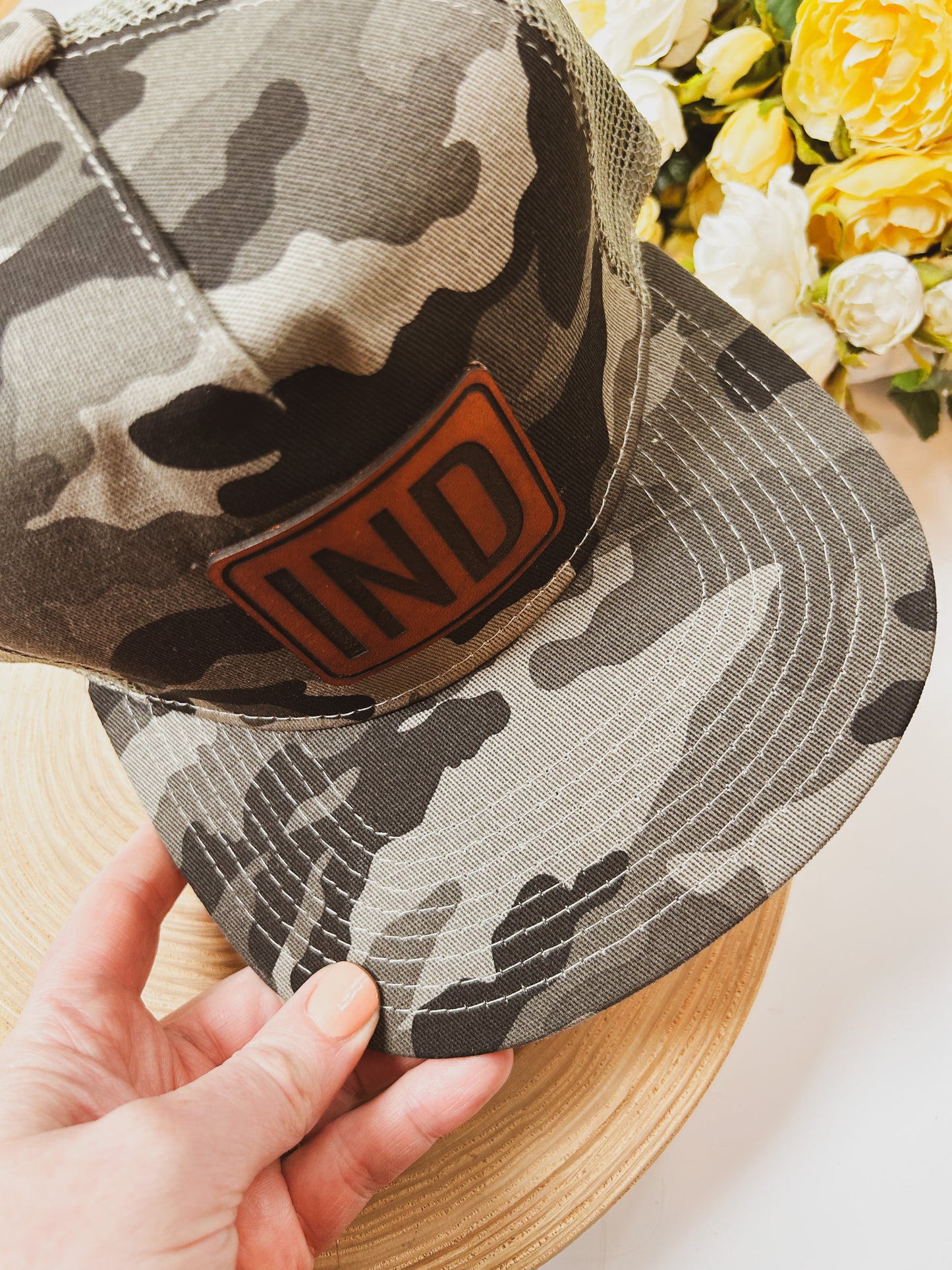 IND Rectangle Leather Patch on Gray Camo Trucker Hat - Adult