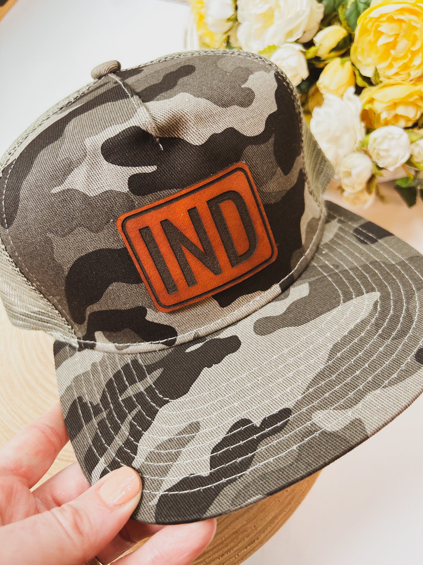 IND Rectangle Leather Patch on Gray Camo Trucker Hat - Adult
