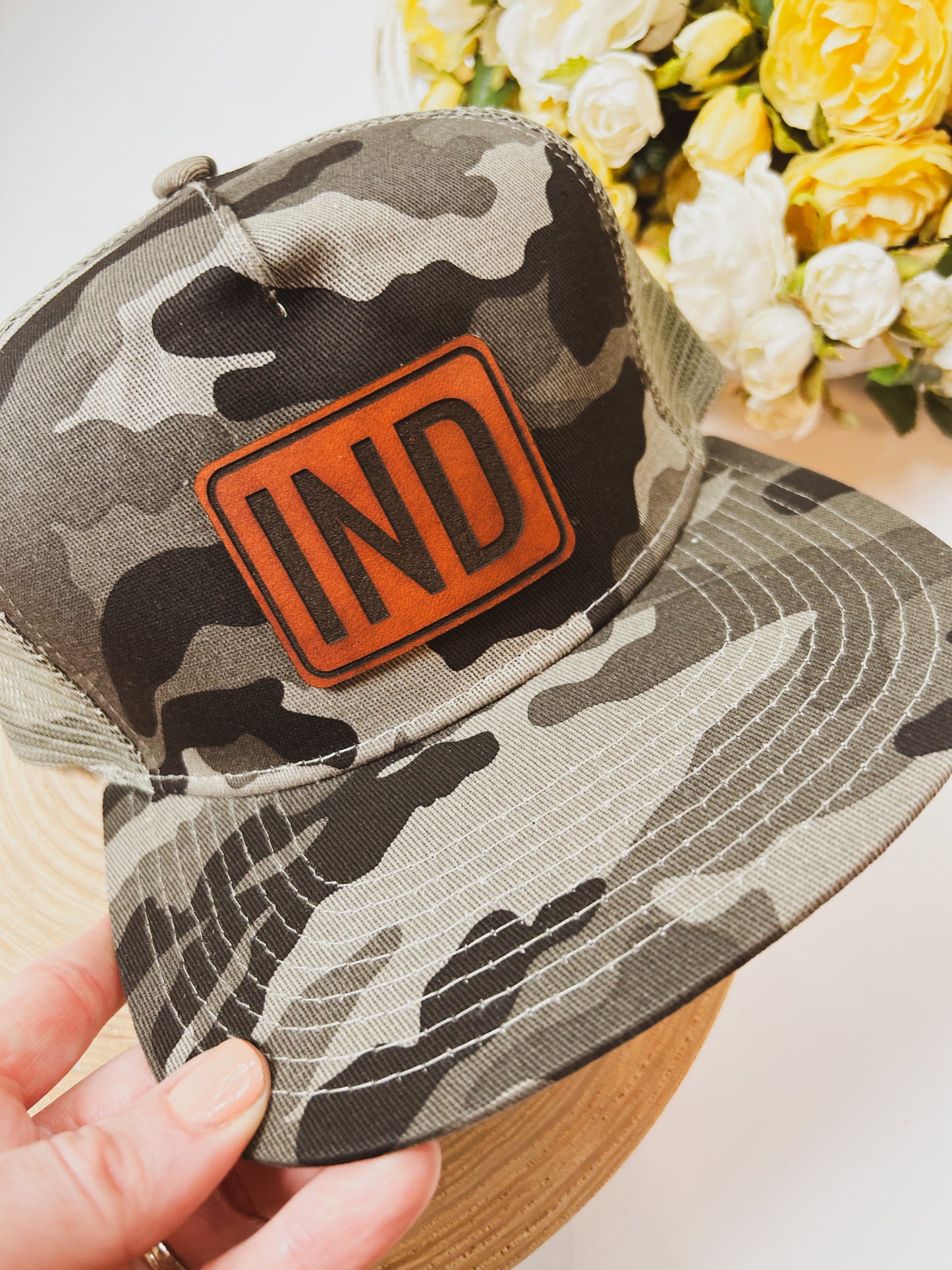 IND Rectangle Leather Patch on Gray Camo Trucker Hat - Adult