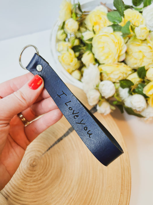 Leather Wristlet Keychain with Handwriting Engraved