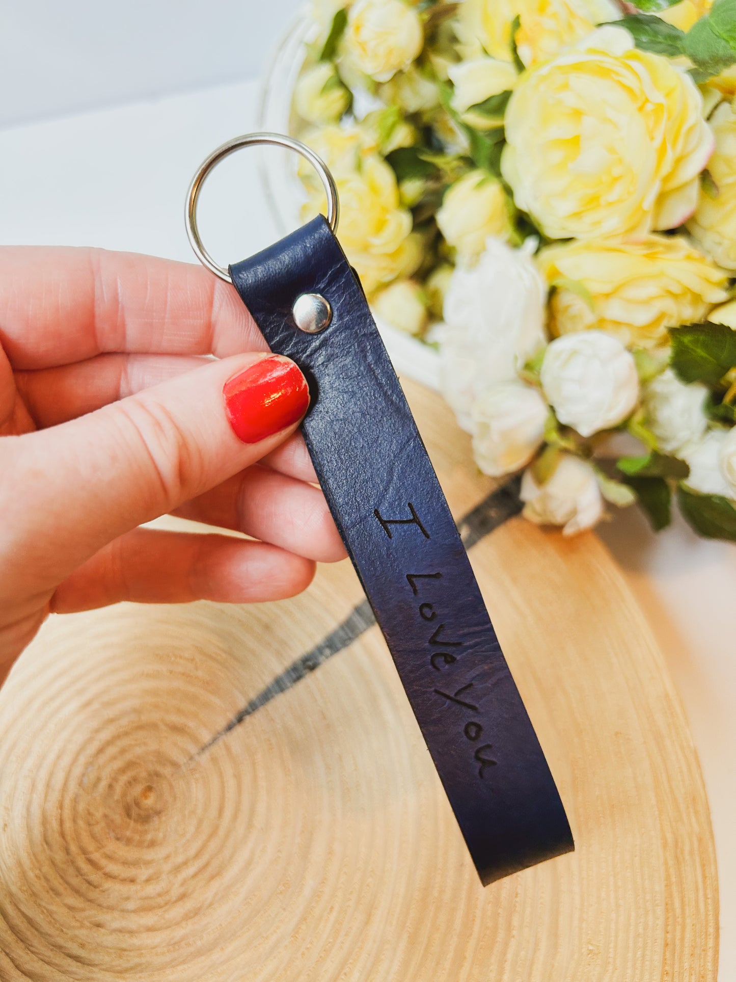 Leather Wristlet Keychain with Handwriting Engraved