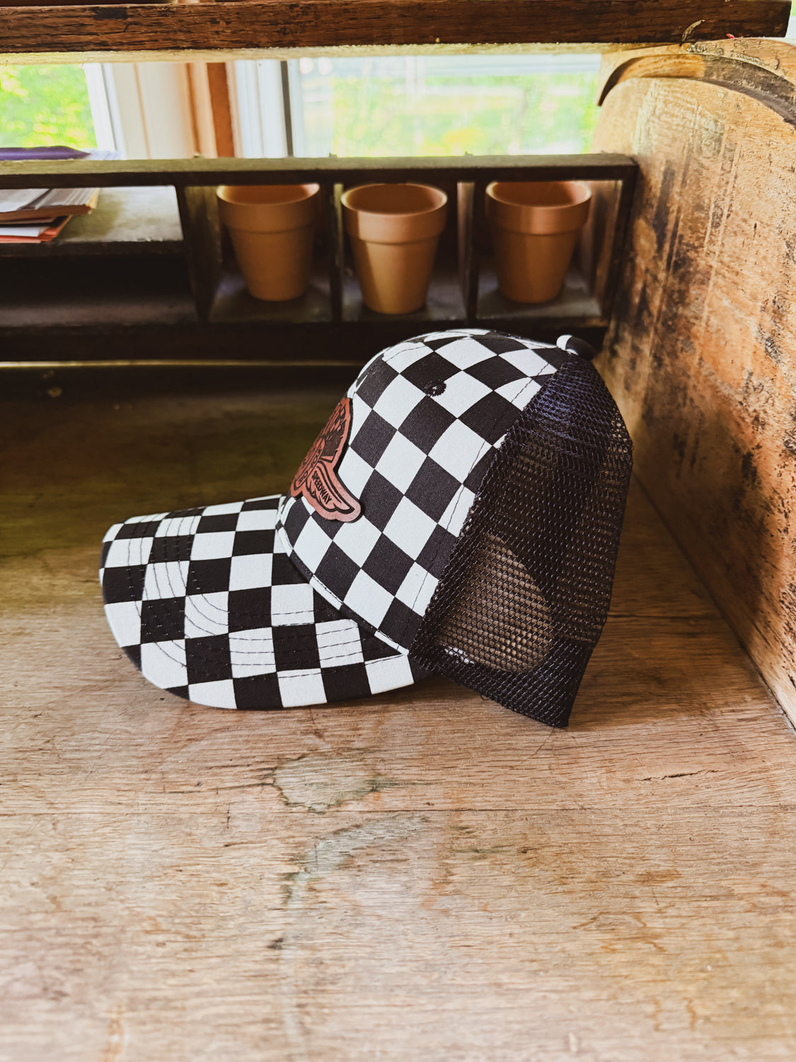 IMS Wings Leather Patch Hat on Checkered Baseball Hat