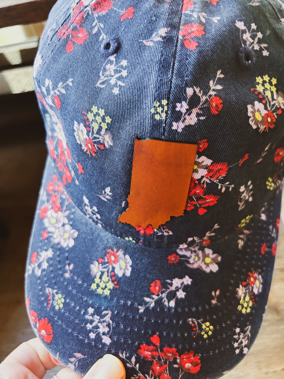 Indiana Patch Hat on Navy Floral Hat
