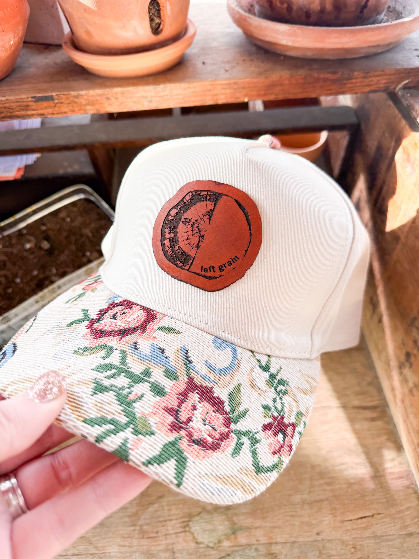 Custom Logo Hat on Cream Hat with Floral Bill