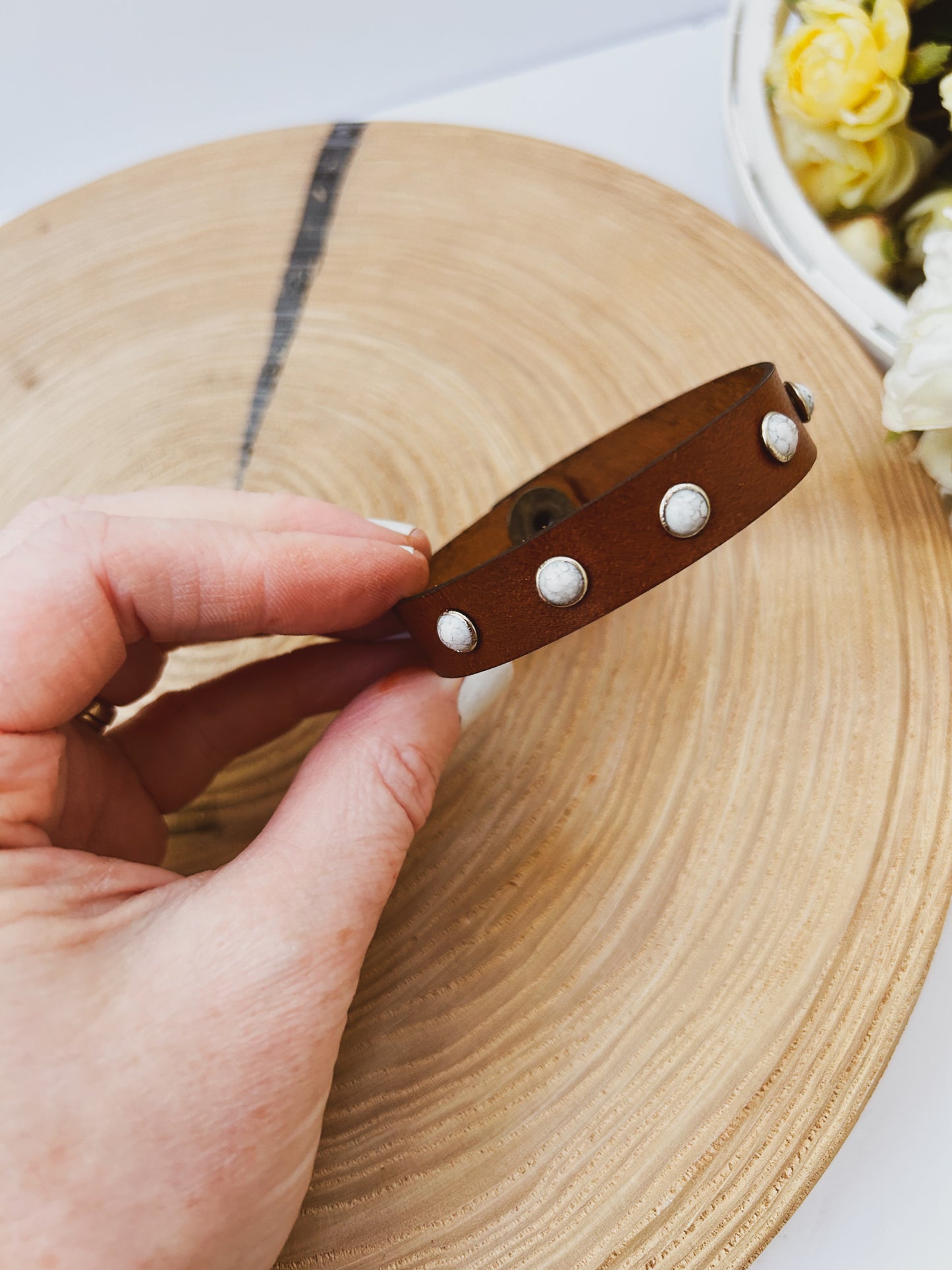 White Gem Leather Bracelet