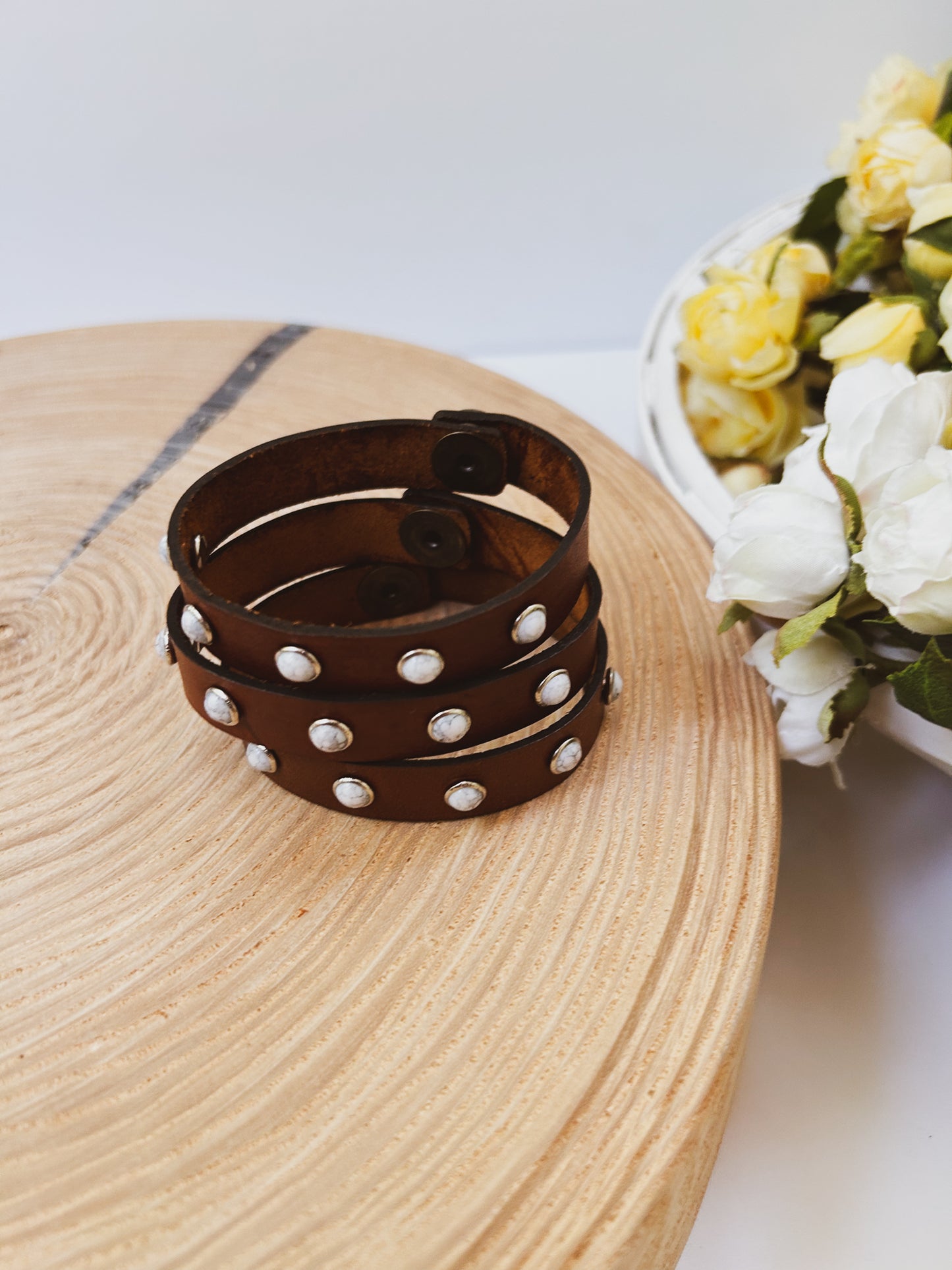 White Gem Leather Bracelet